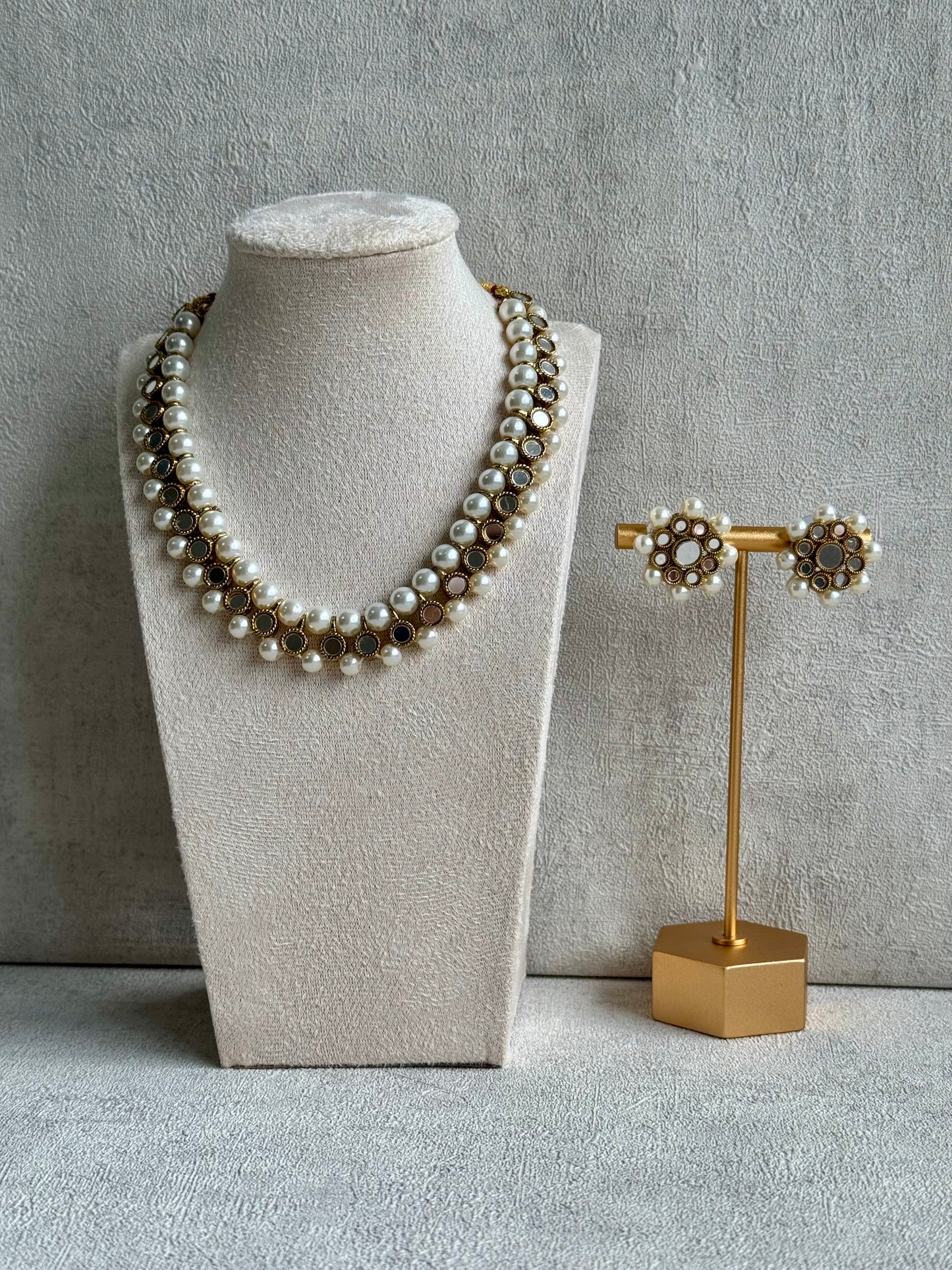 Ayura Designs Hala Set with Studs – Mixed Mirror Work & Pearls in Gold Finish