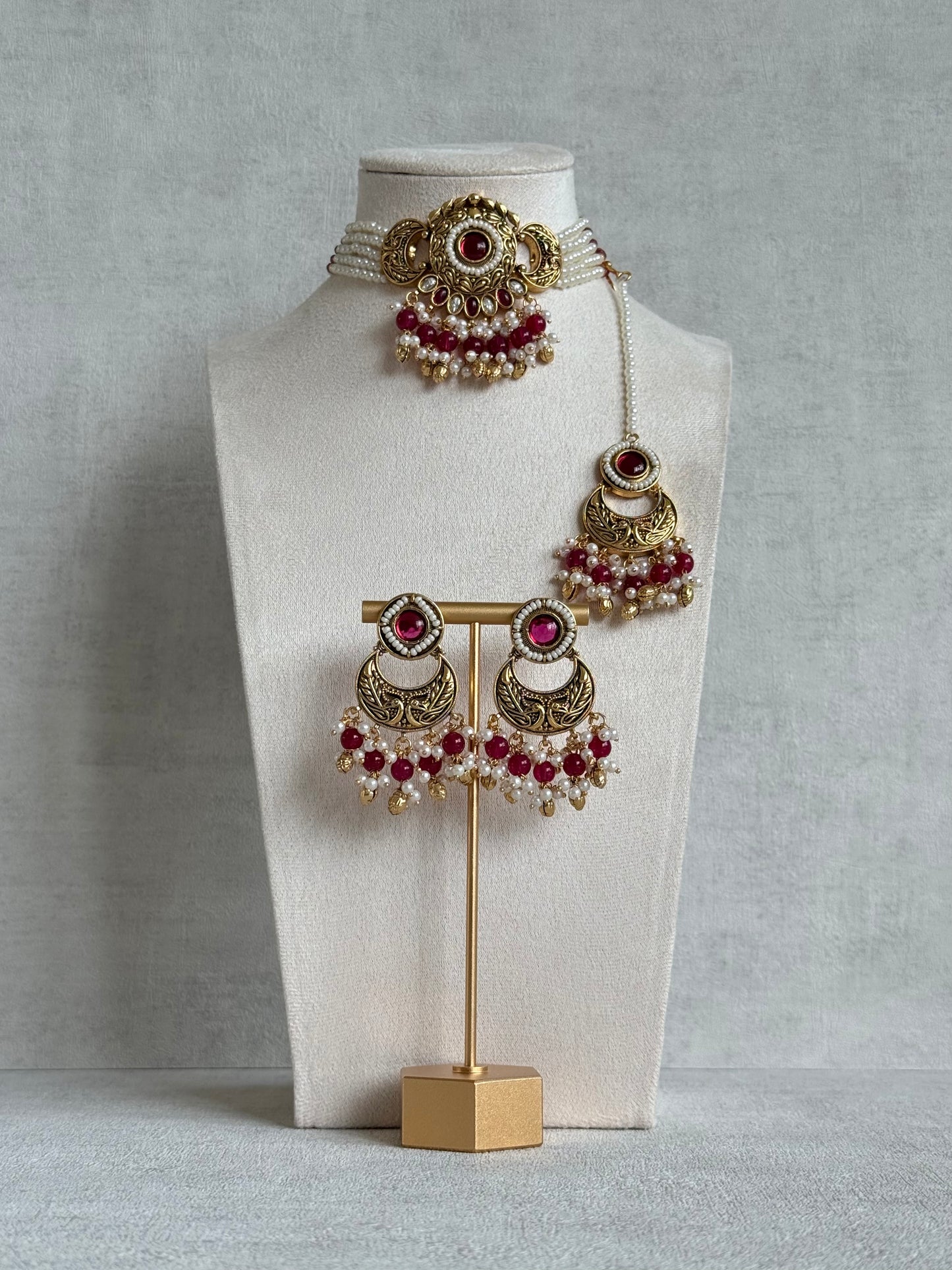 Ayura Designs Mehr Choker Set with Earrings & Tikka – Ruby Pink Stones, Ruby Pink Beads, Pearl Strands & Antique Gold Finish