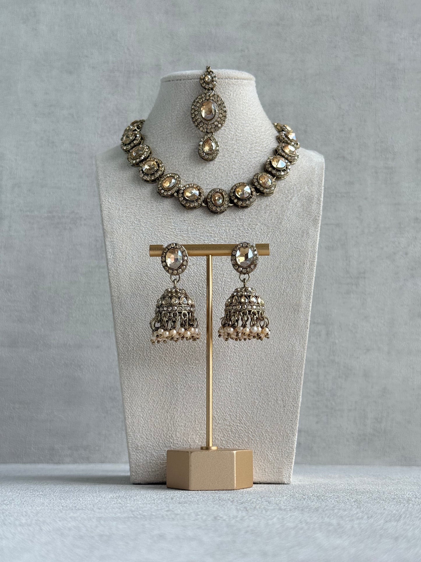 Ayura Designs Eira Necklace Set with Earrings & Tikka – Champagne Gold Crystal Stones with Antique Gold Finish