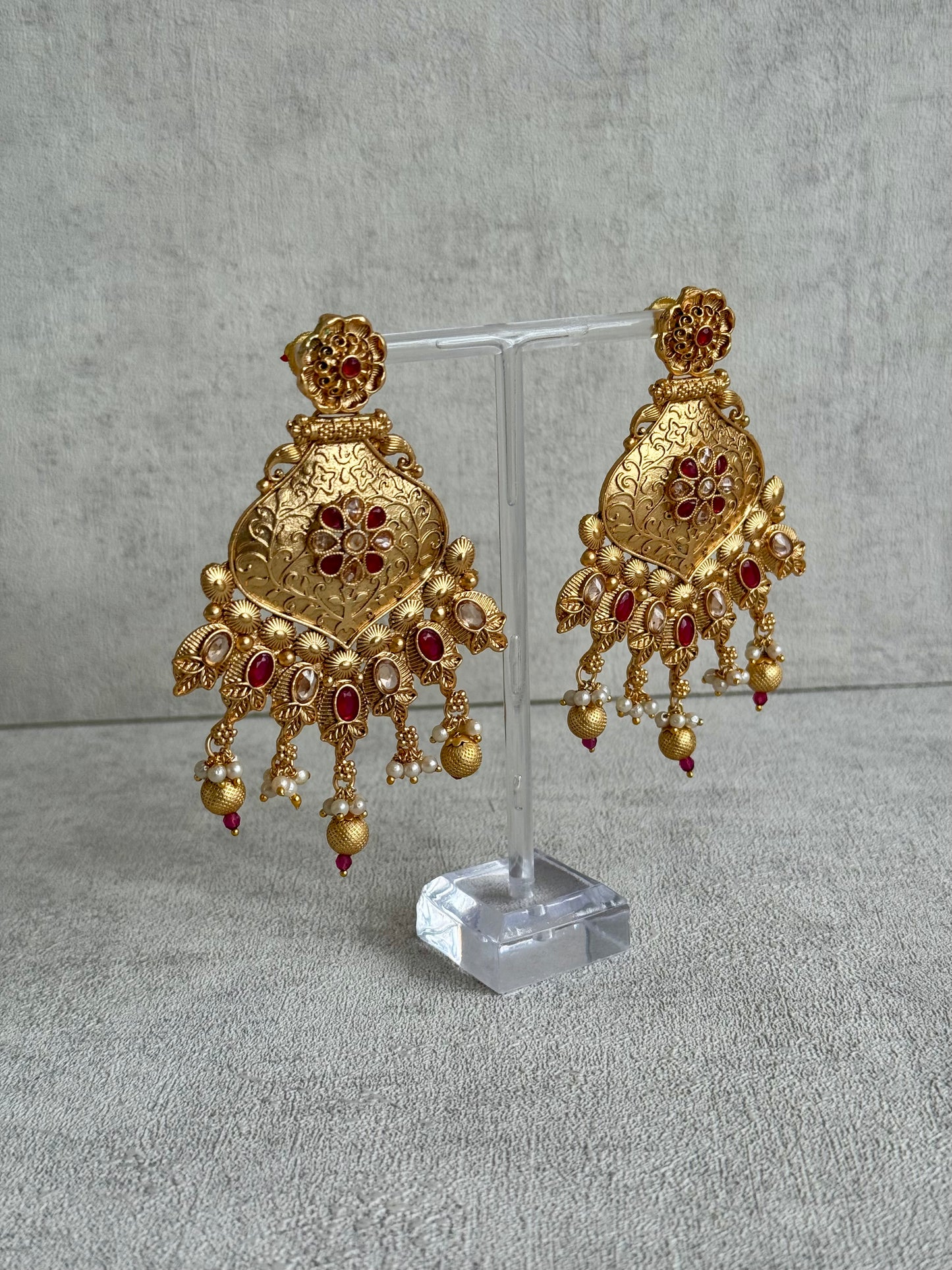 Ayura Designs Neha Earrings – Antique Gold with Ruby Red Stones & Pearl Detailing