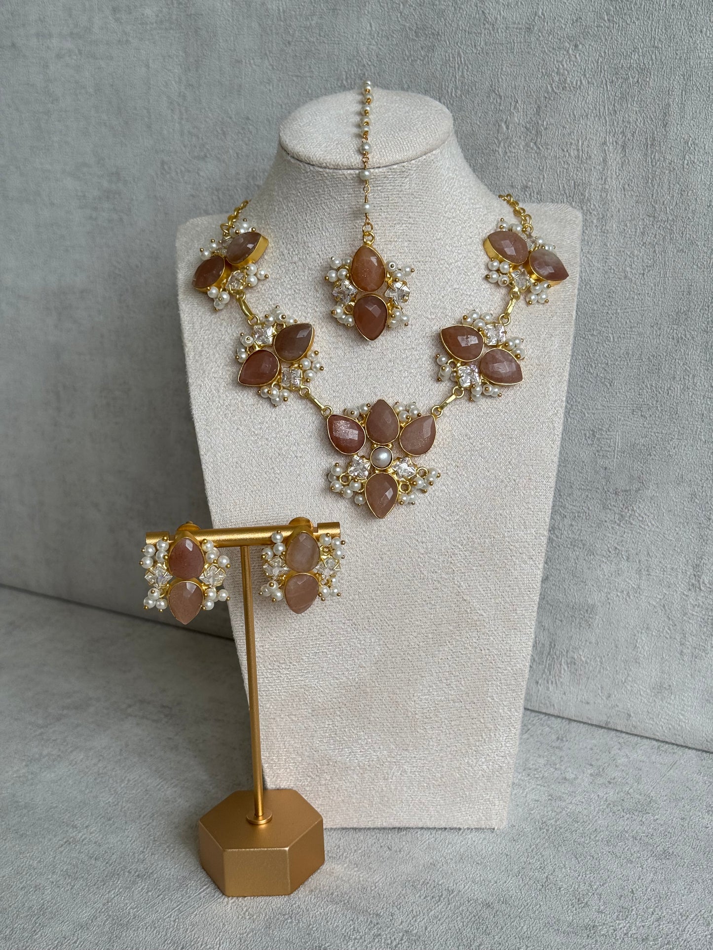 Ayura Designs Solara Set with Tikka & Earrings – Sunstone, Crystals & Pearls