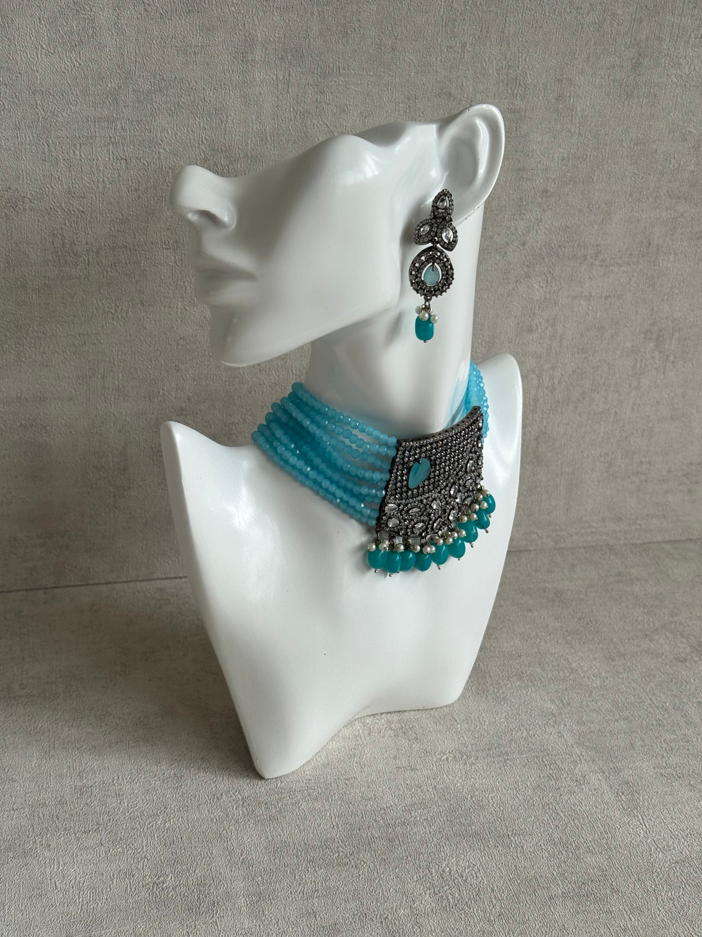 Ayura Designs Summer Choker Set with Earrings – Aqua Blue Beads & Oxidised Silver Finish