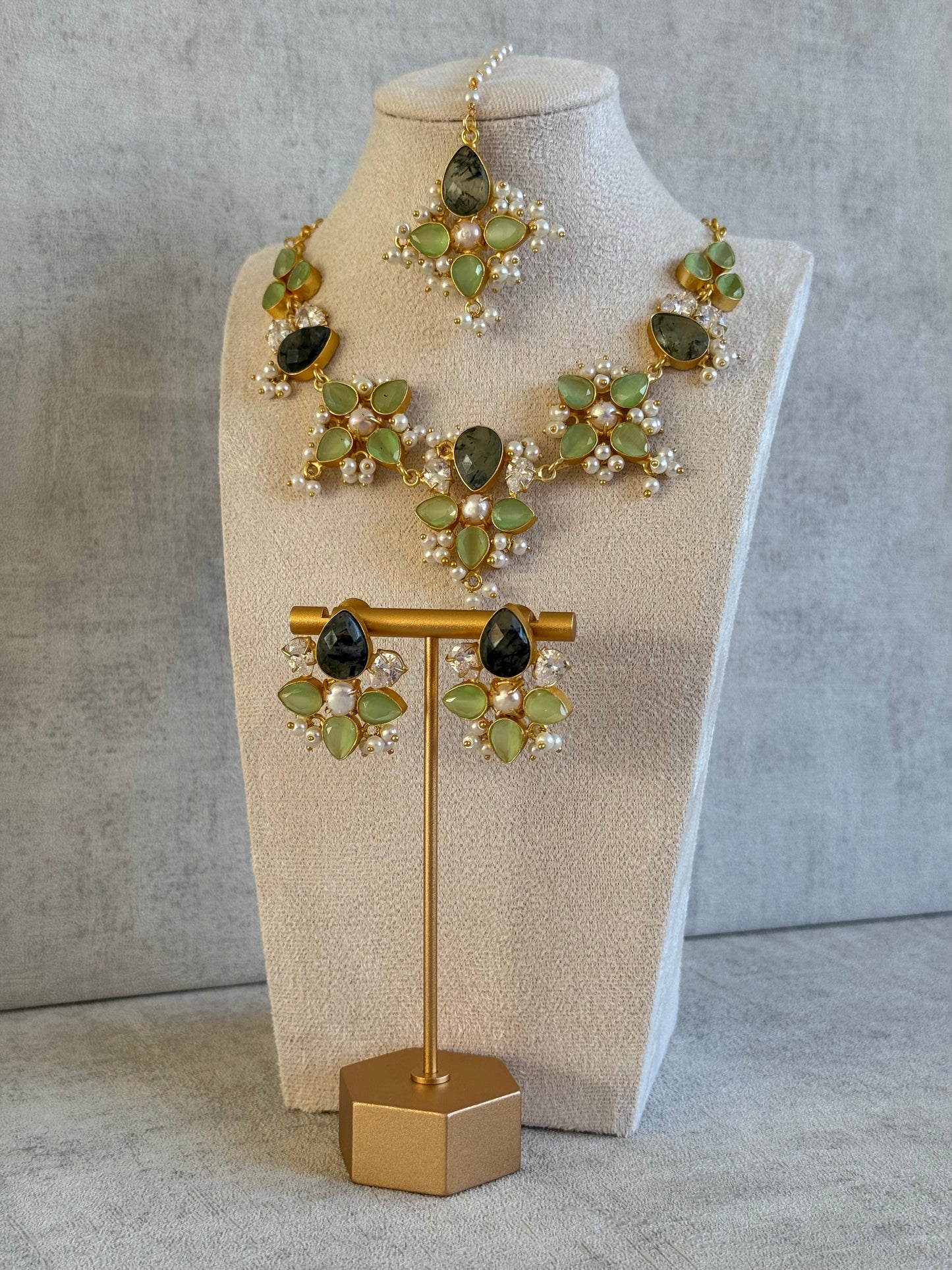 Ayura Designs Zaria Set with Tikka & Earrings – Prehnite, Dark Quartz, Pearls & Crystals