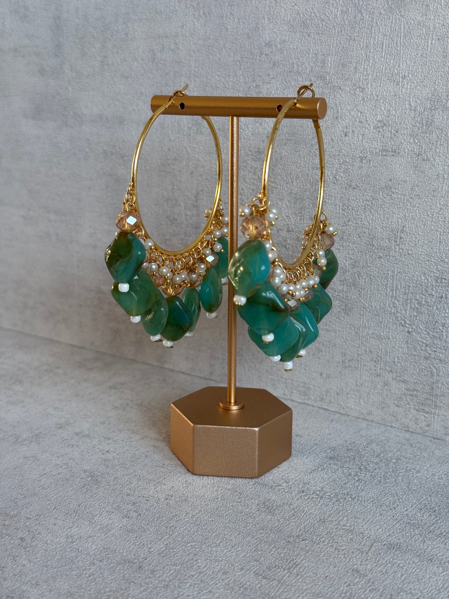 Ayura Designs Heer Balis – Gold Hoops with Jade Green Marble Beads, Pearls & Crystal Detailing