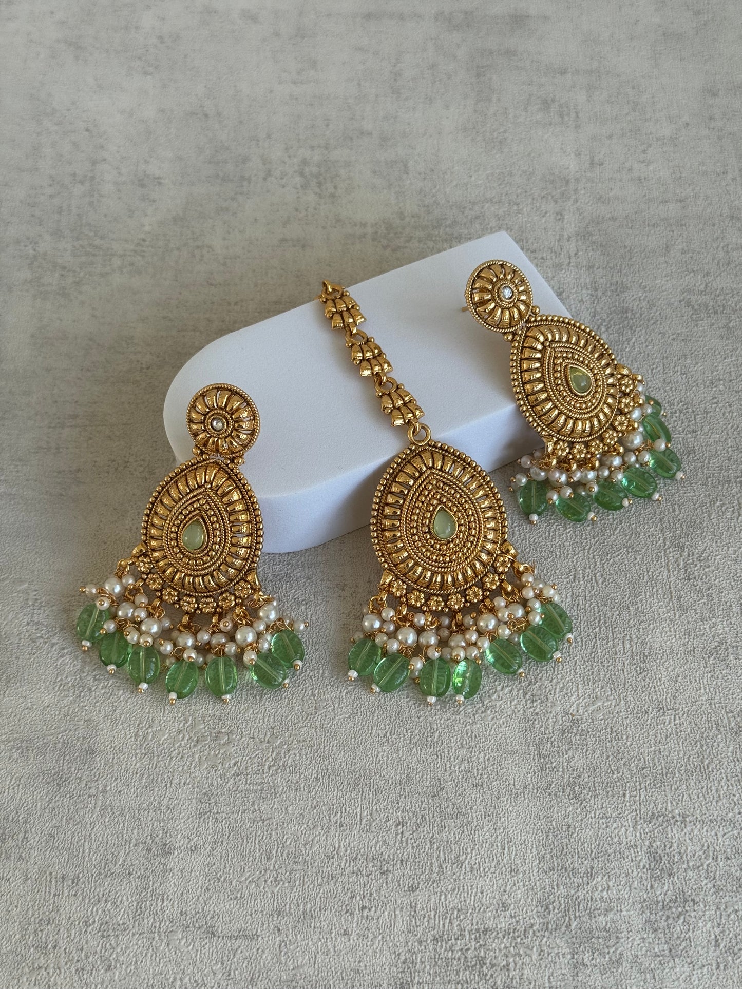 Ayura Designs Nusrat Choker Set with Tikka & Earrings – Antique Gold Finish with Pistachio Green Stones, Pearl Clusters & Beaded Drops