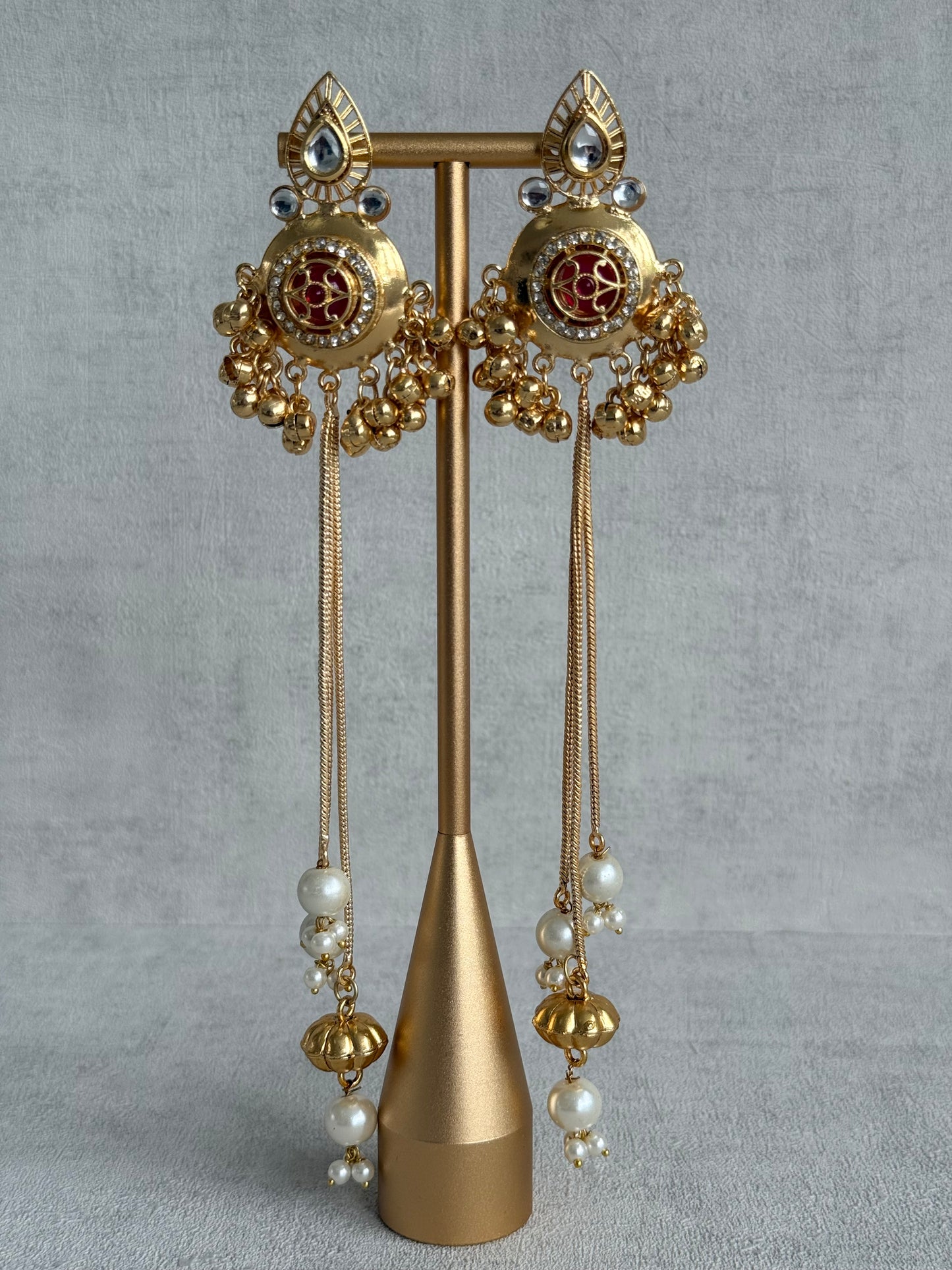 Ayura Designs Kashveen Earrings – Ruby Red Kundan Stones with Pearl Chain Drops & Ghungroo Detailing