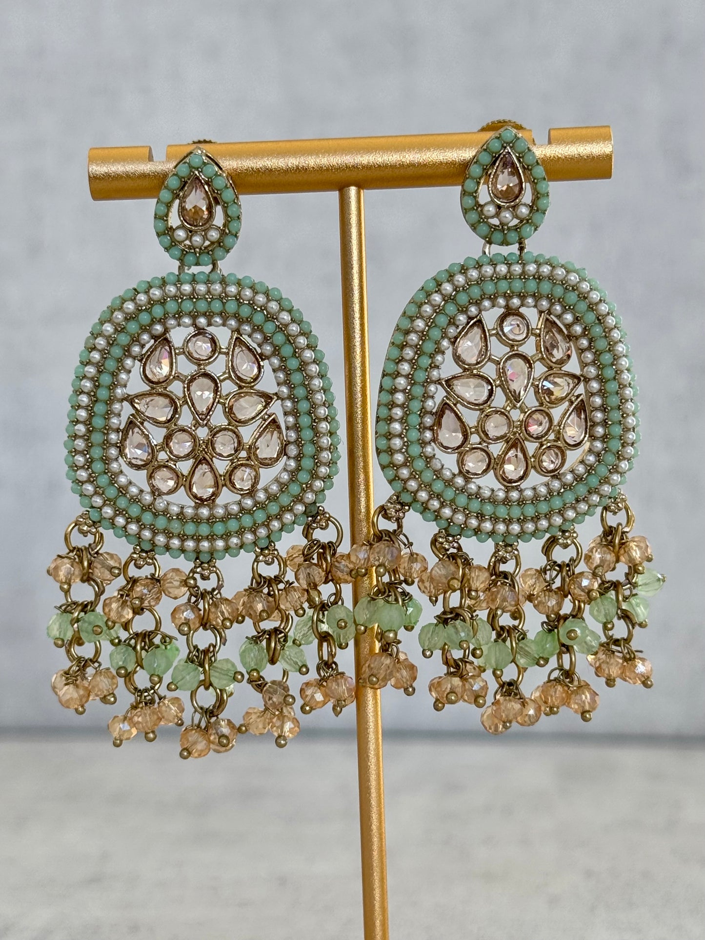 Ayura Designs Geela Earrings – Mint Green & Champagne Kundan Statement Earrings