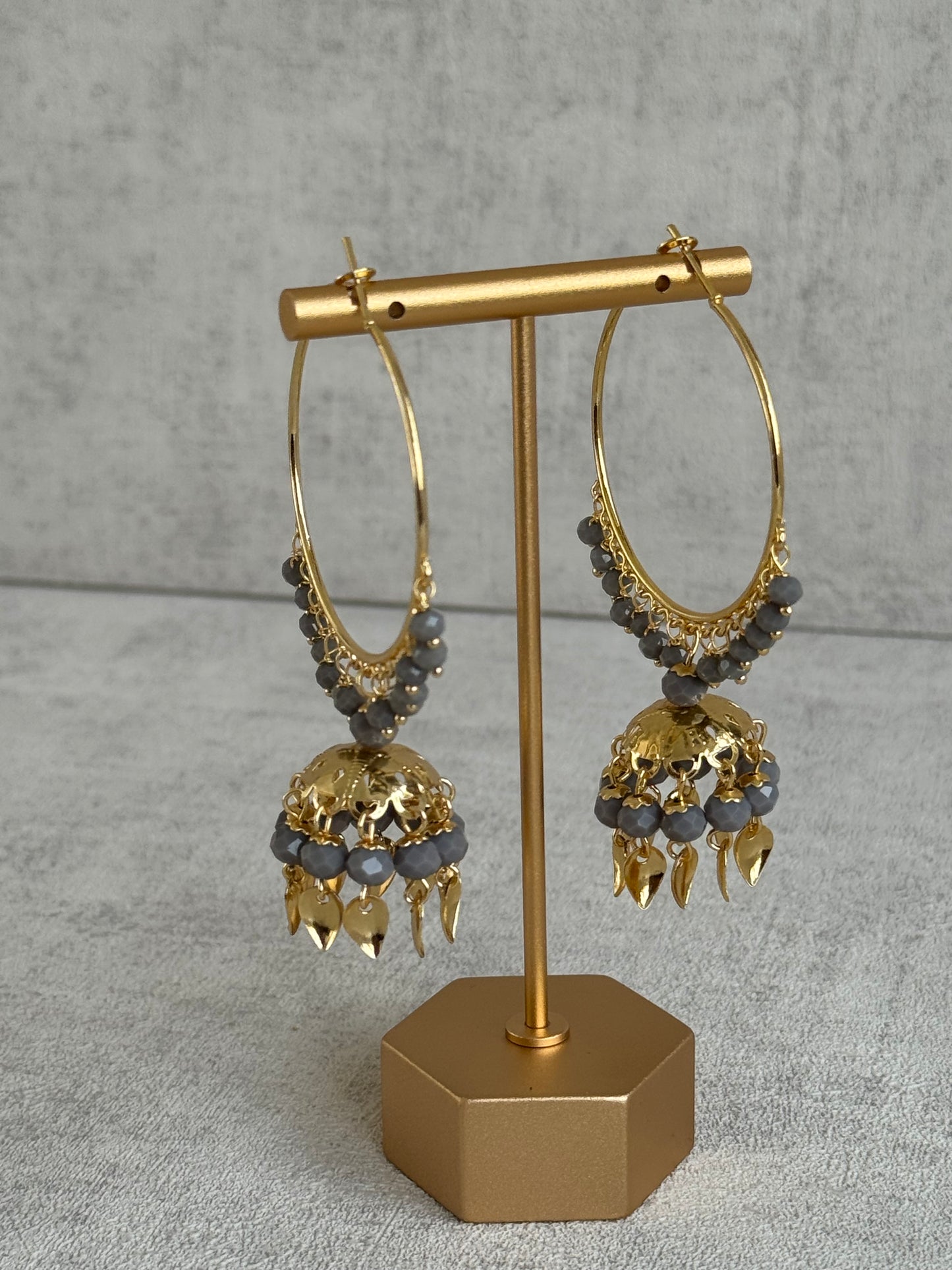 Ayura Designs Pataka Balis – Dove Grey Crystal Hoop Earrings with Jhumkis