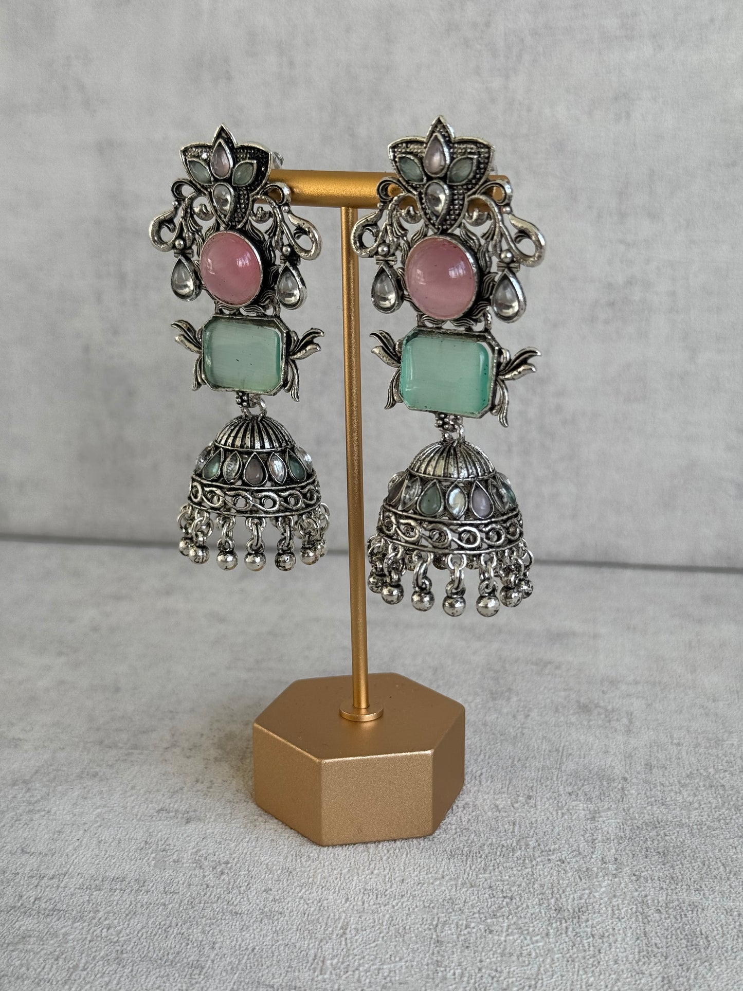 Ayura Designs Noorani Earrings – Oxidised Silver with Pastel Pink & Mint Green Stones, Kundan Detailing & Enamelled Jhumkis