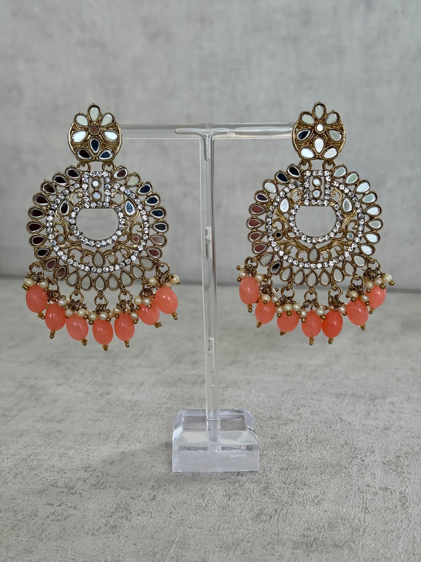 Ayura Designs Bahar Tikka Set with Earrings – Peach Beads,Mirror Work & Antique Gold