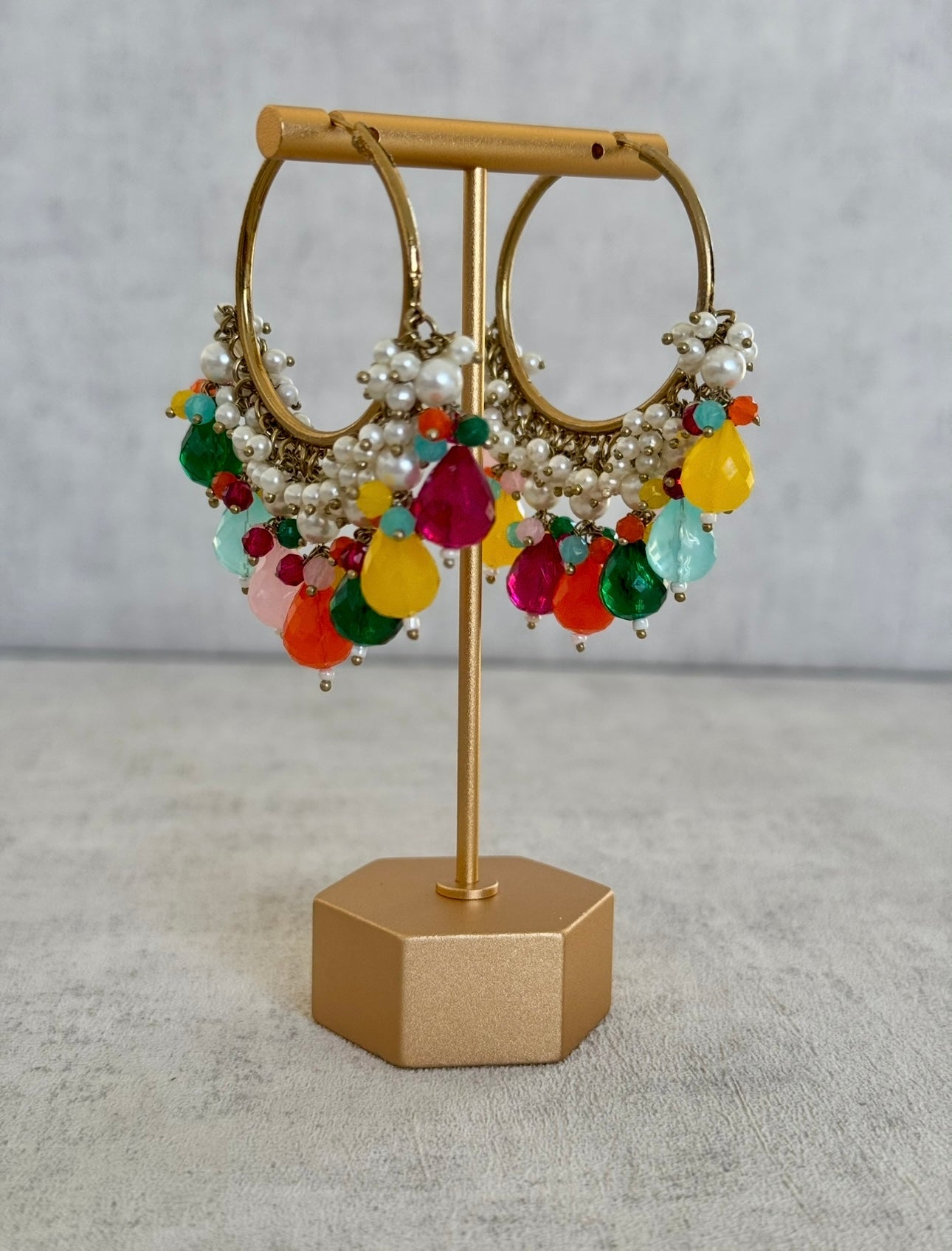 Ayura Designs Jhanak Balis – Multicolor Gemstone & Pearl Hoops