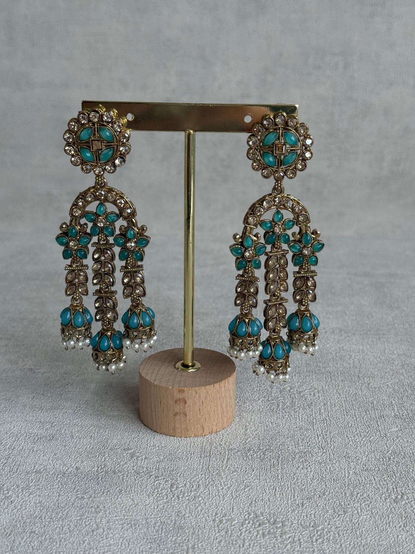 Ayura Designs Soraya Earrings – Turquoise Stones, Champagne Crystals, Pearl Detailing & Gold Finish