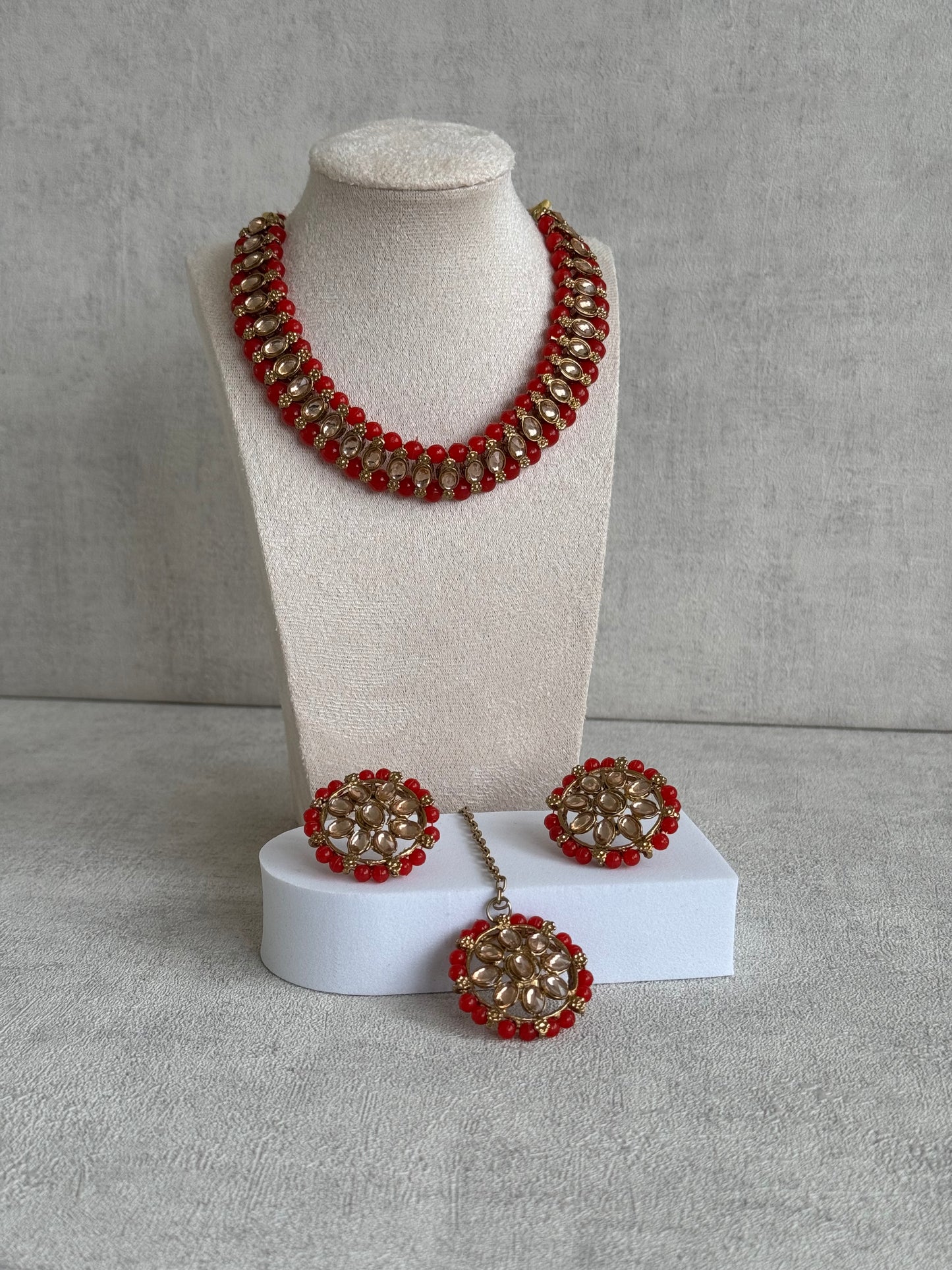 Ayura Designs Hala Set with Tikka & Studs – Orange Beads & Champagne Kundan