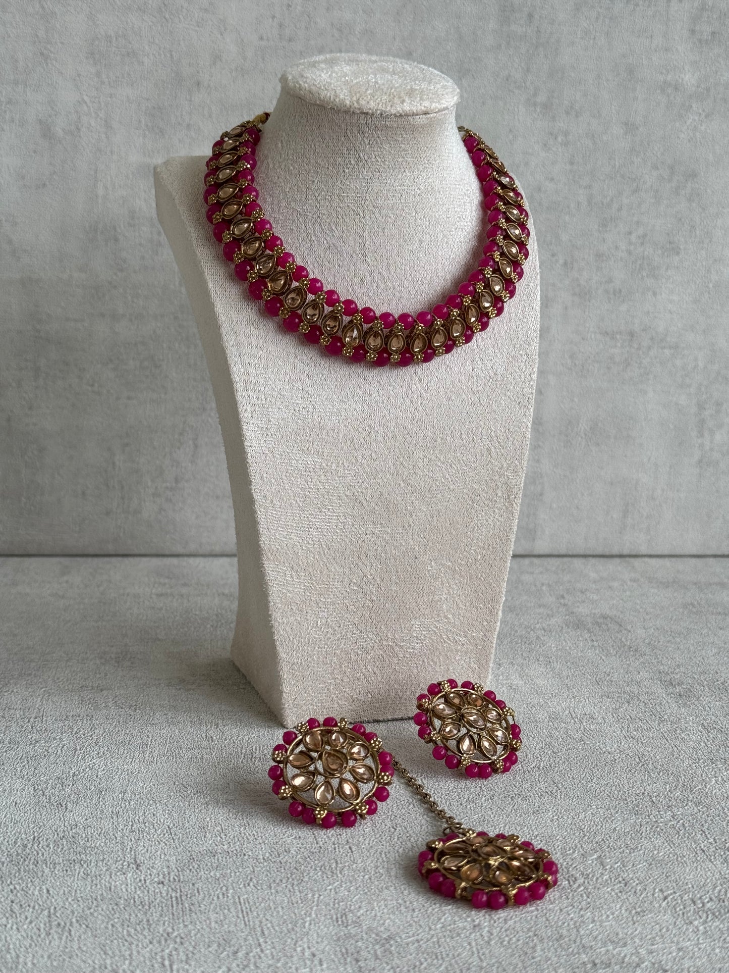 Ayura Designs Hala Set with Tikka & Studs – Magenta Beads & Champagne Kundan