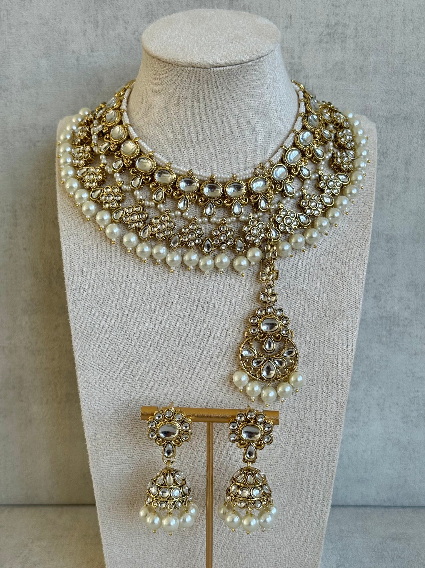Ayura Designs Tehzeeb Set – Necklace, Tikka & Jhumkas in Antique Gold and Pearls