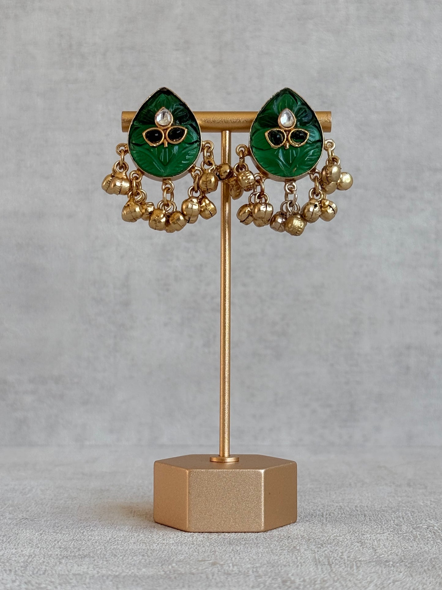 Ayura Designs Aykai Earrings – Emerald Green Carved Teardrop Stud Earrings with Clear Kundan Stones and Gold Ghungroo Drops