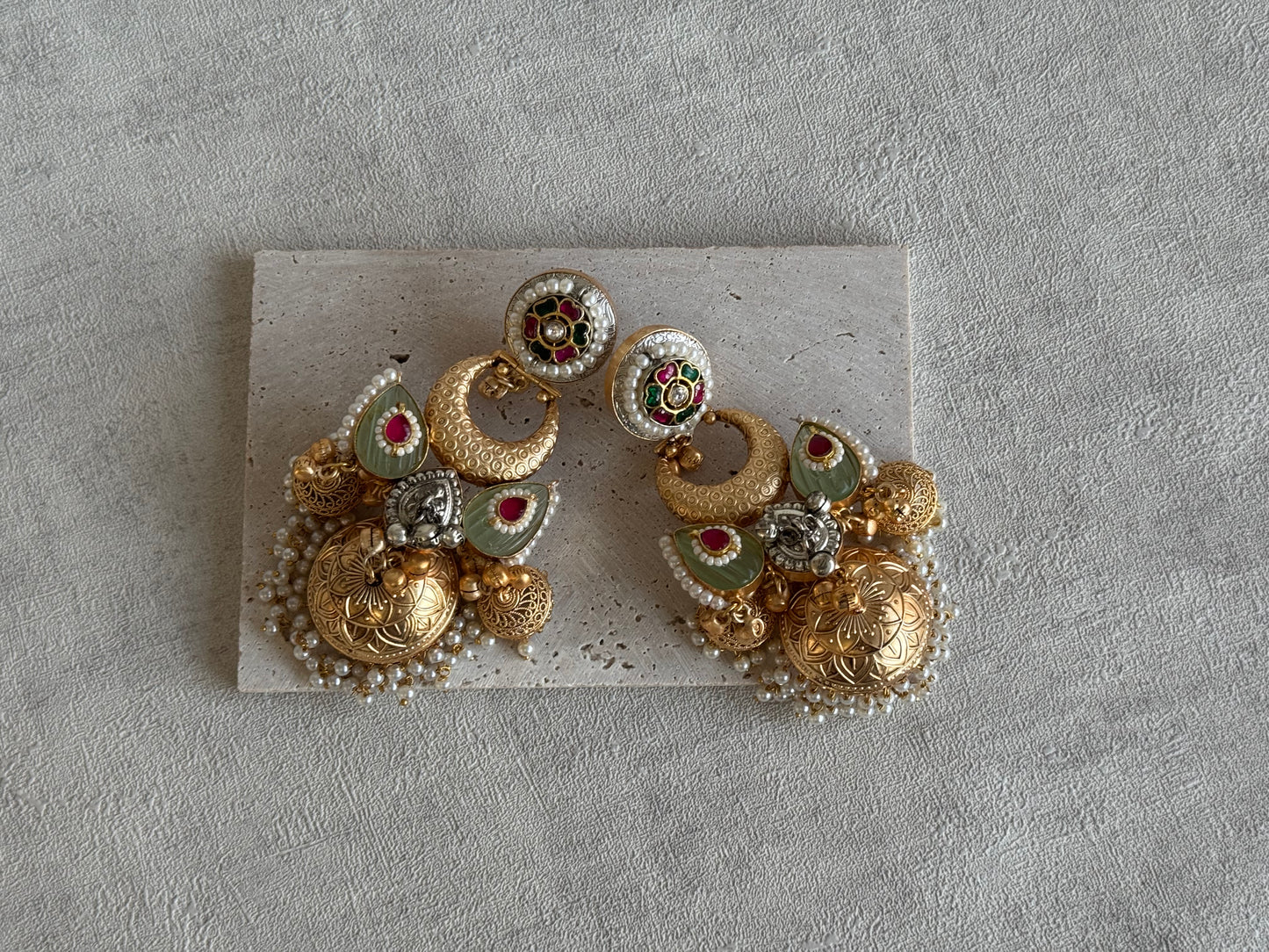 Ayura Designs Wajiha Earrings – Antique Gold Chandbalis with Meenakari Studs, Crescent Drops, Mint Enamel Petals & Layered Pearl Jhumkas