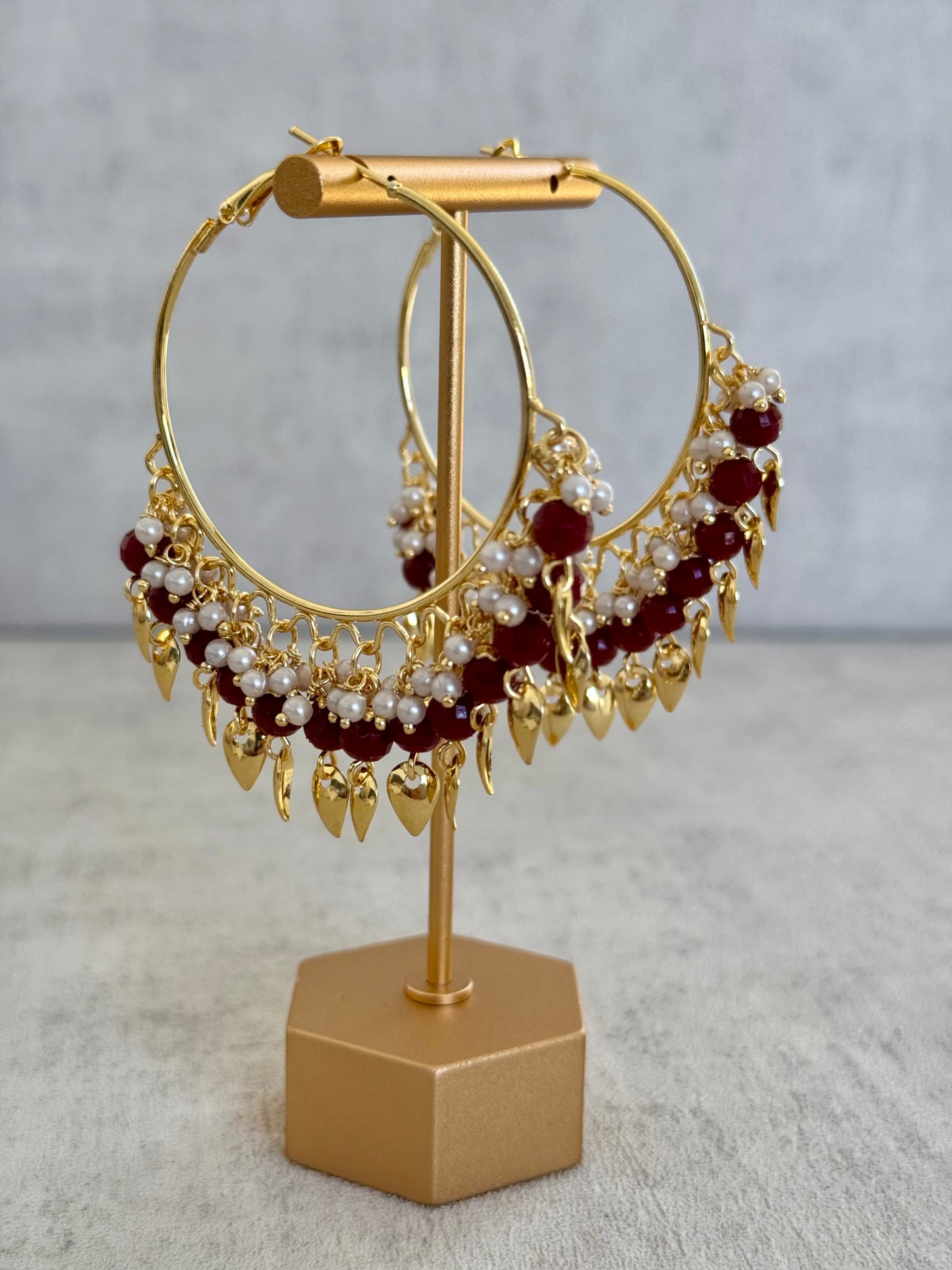 Ayura Designs Riwaaz Bali – Ruby Red Beaded Hoops with Gold Leaf Charms