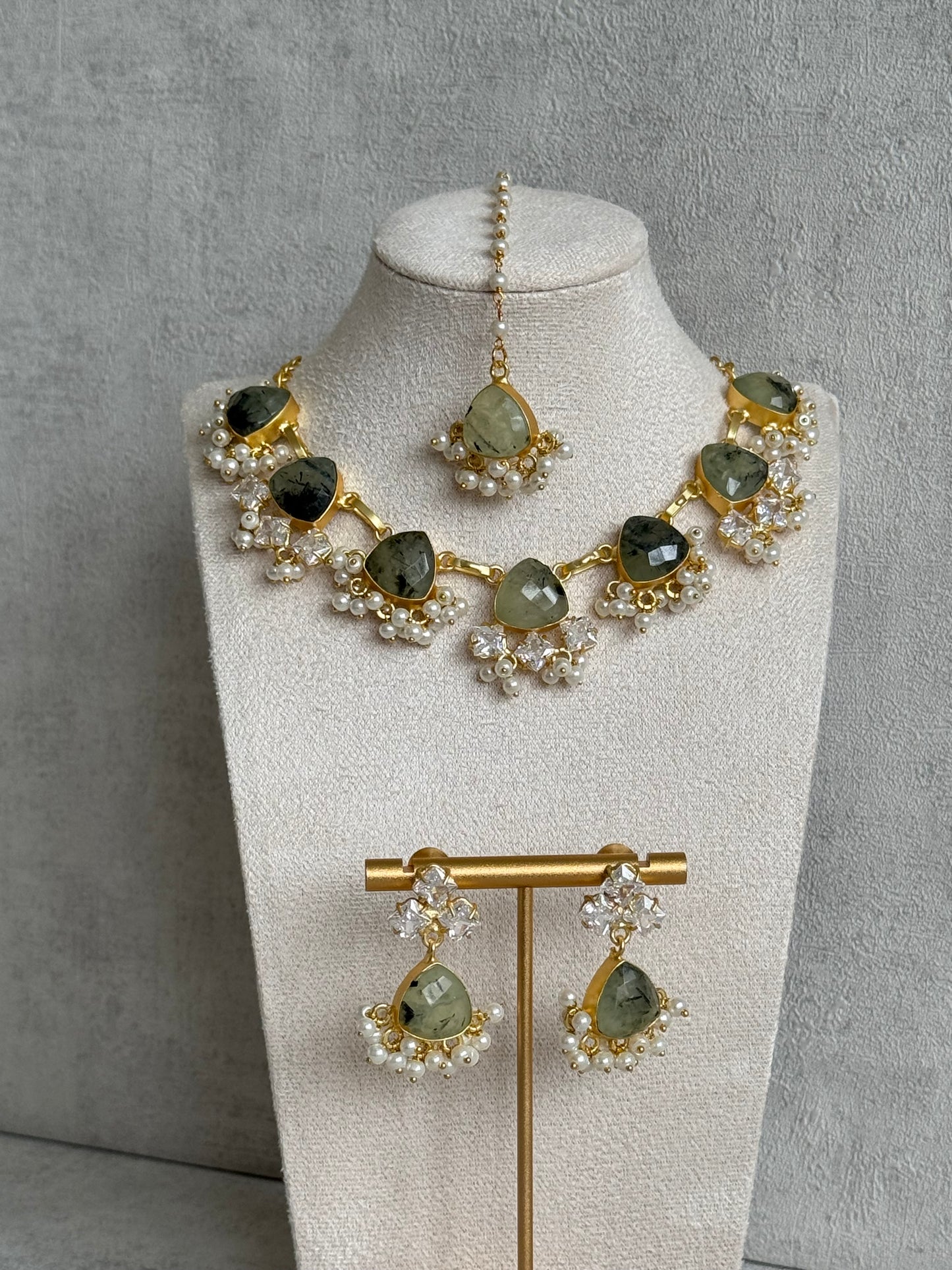 Ayura Designs Lala Set with Tikka & Earrings – Prehnite, Swarovski Crystals & Pearls