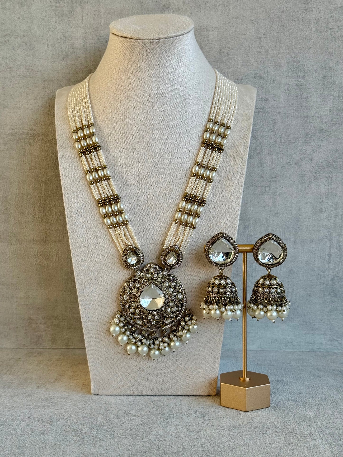 Ayura Designs Brielle Set – Necklace & Jhumkis with Mirror-Cut Stones & Ivory Pearls