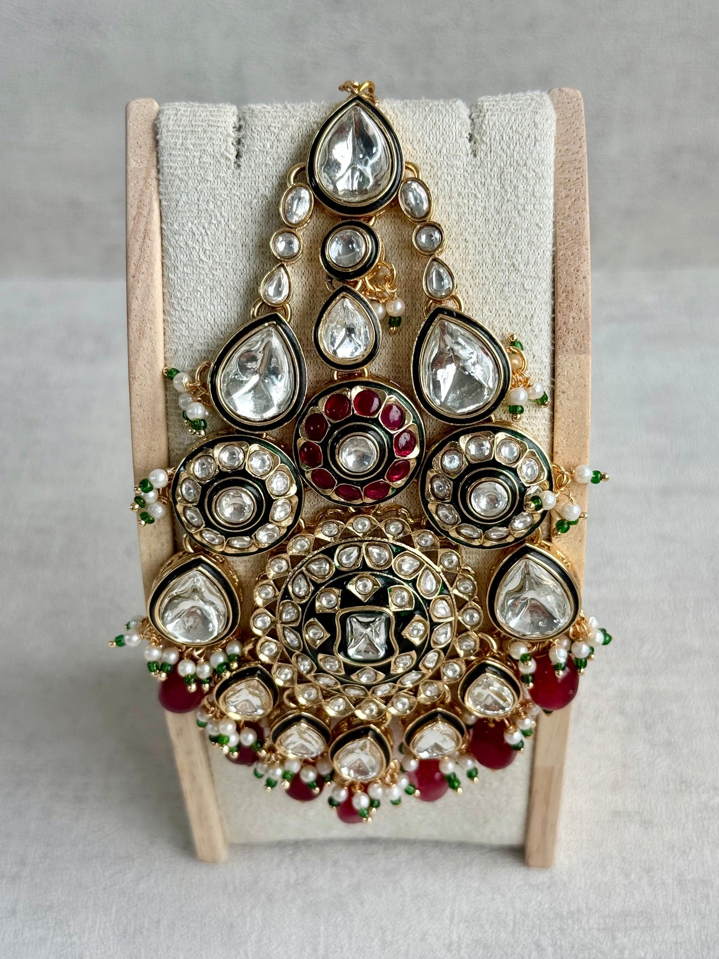Ayura Designs Suhana Jhoomar Passa – Kundan Jhoomar with Ruby Red Drops, Pearl Detailing & Green Bead Accents