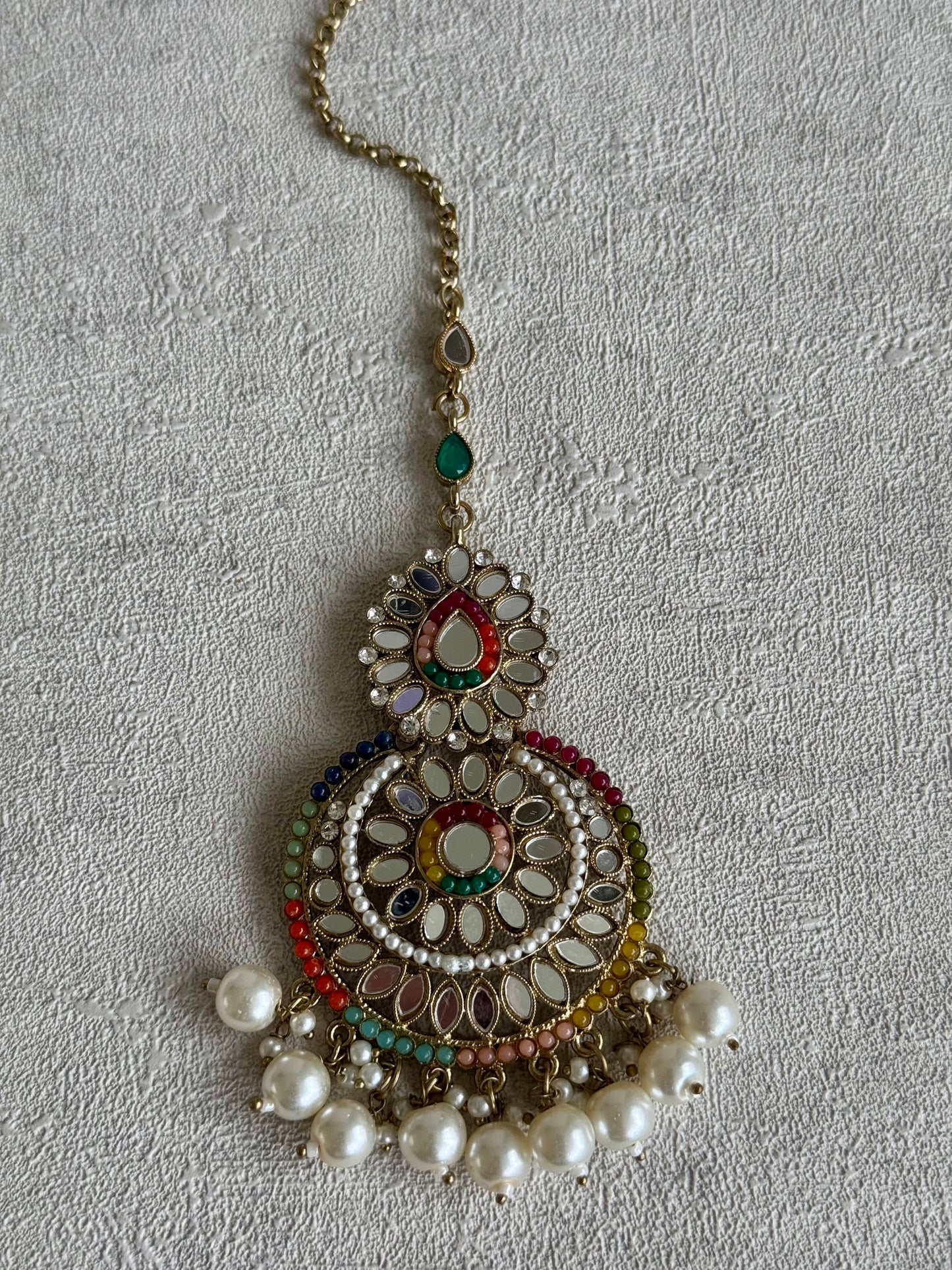 Ayura Designs Dilkash Tikka Set with Earrings – Multicolour Meenakari, Kundan, Mirror Work & Pearls