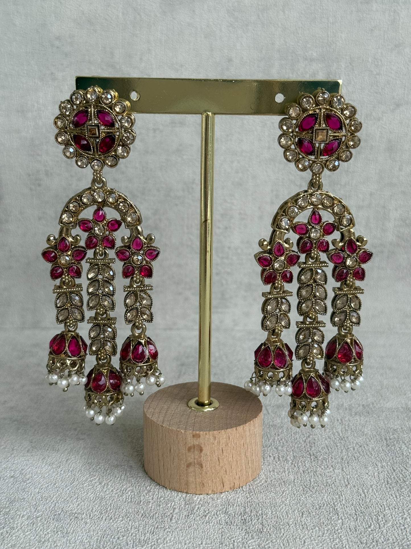 Ayura Designs Soraya Earrings – Fuchsia & Champagne Stones with Pearl Drops & Gold Finish