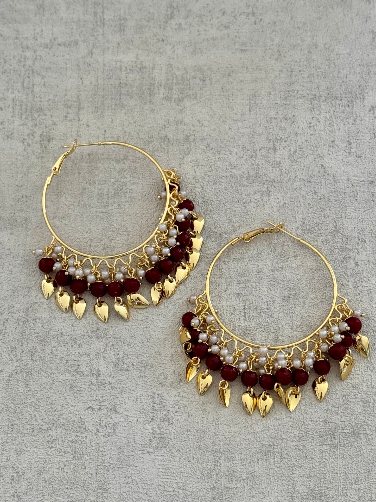 Ayura Designs Riwaaz Bali – Ruby Red Beaded Hoops with Gold Leaf Charms