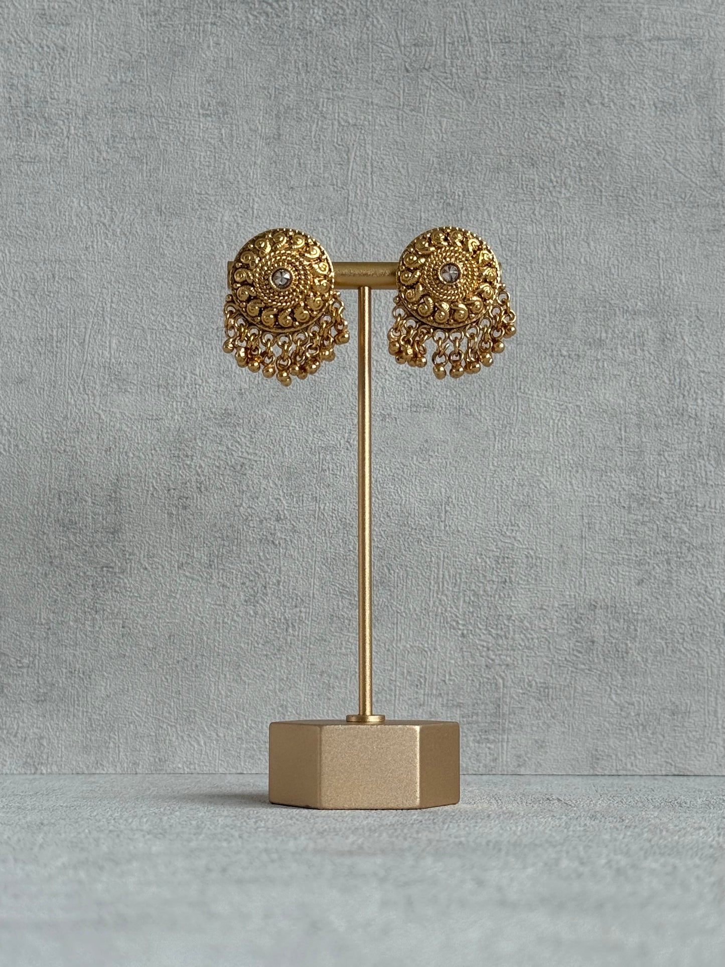 Ayura Designs Deesha Stud Earrings – Gold Finish with Crystal & Ghungroo Detailing