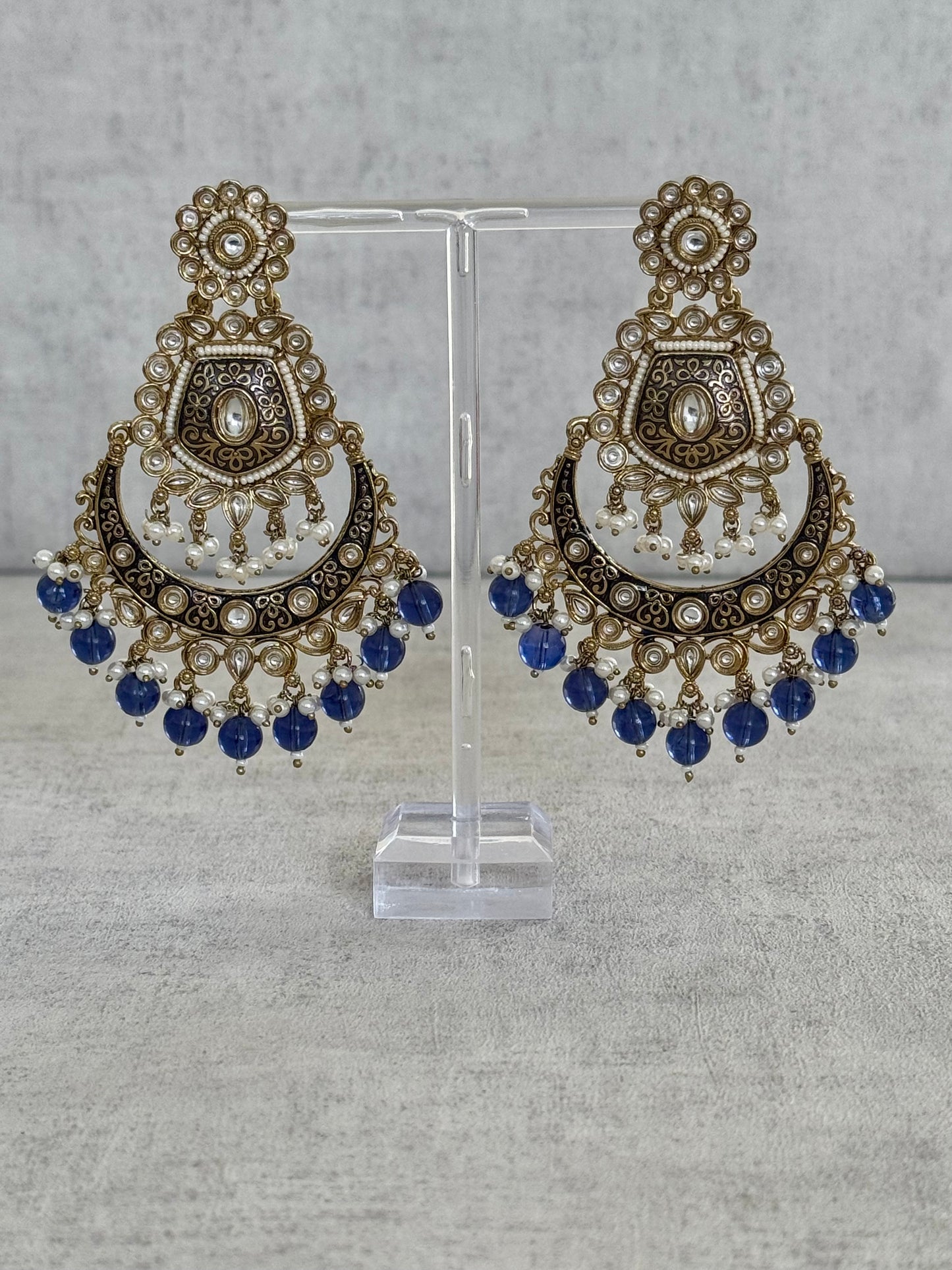 Ayura Designs Safa Antique Gold Chandbali Earrings with Pearl and Blue Bead Accents