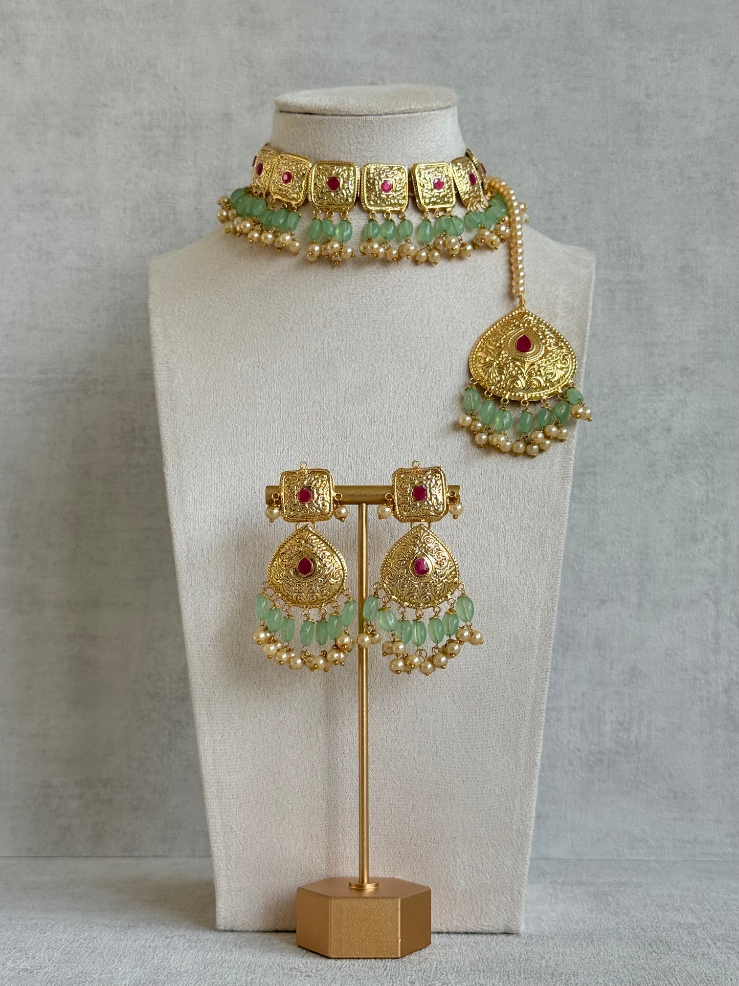 Ayura Designs Chetna Choker Set with Earrings & Tikka – Mint Green Beads, Cream Pearl Drops with Pipal Patti Detailing