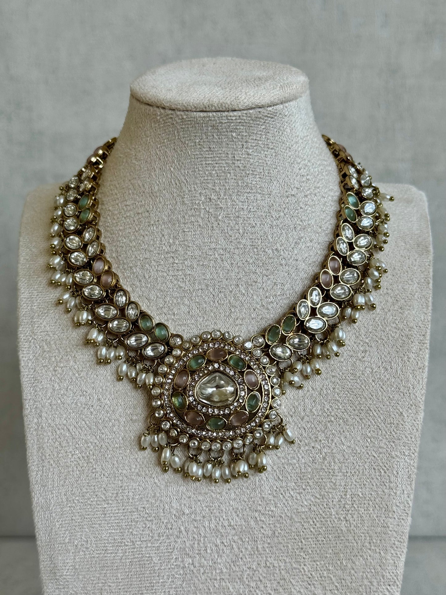 Ayura Designs Warda Set with Earrings & Tikka – Pistachio Green & Blush Pink Stones, Pearls & Antique Gold Finish