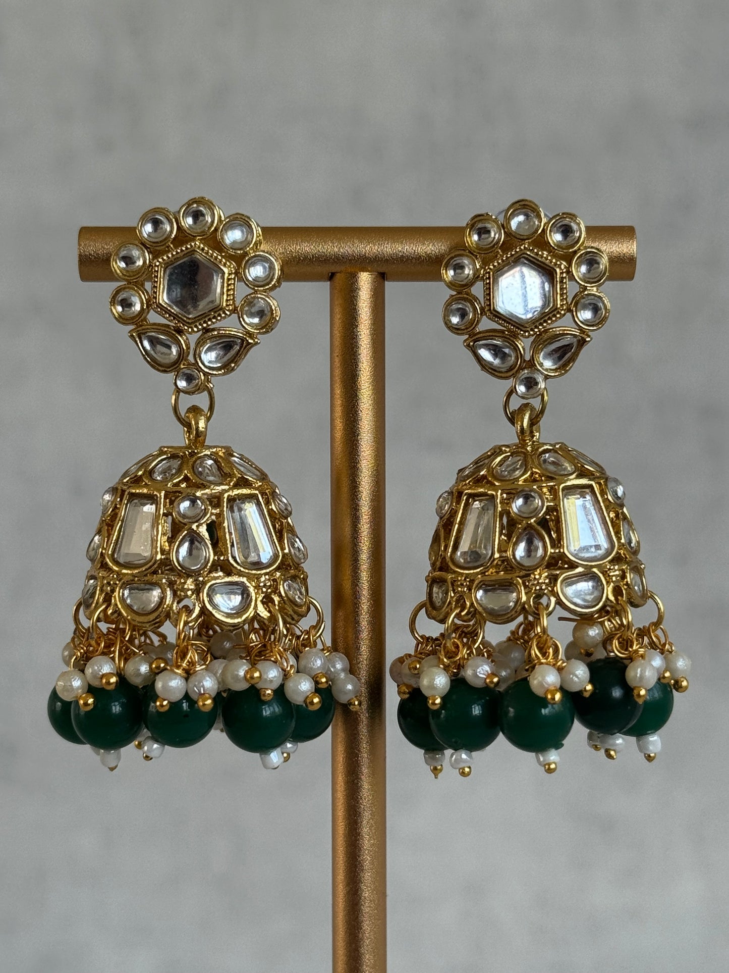 Ayura Designs Shaheen Set with Jhumkis & Tikka – Emerald Green Beads, Mirror Kundan & Gold Finish