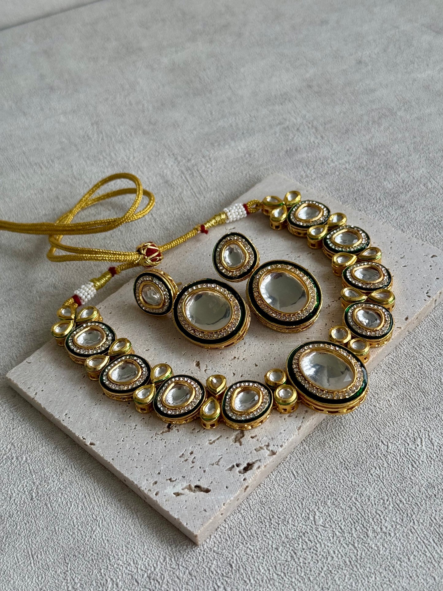 Ayura Designs Sahiba Set – Gold and Emerald Green Kundan Necklace with Oversized Oval Stones and Matching Drop Earrings