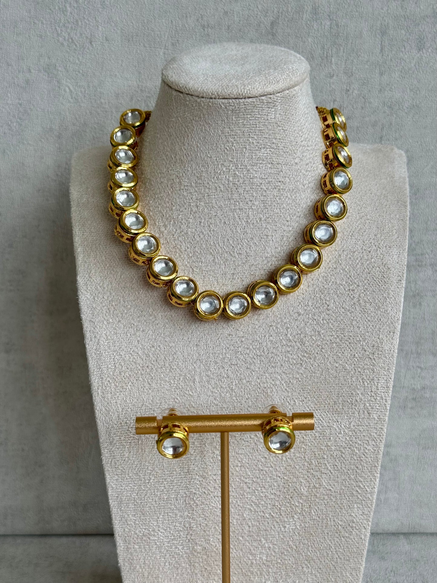 Ayura Designs Saanvi Set – Classic Gold Polished Kundan Necklace with Circular Clear Stones & Matching Stud Earrings