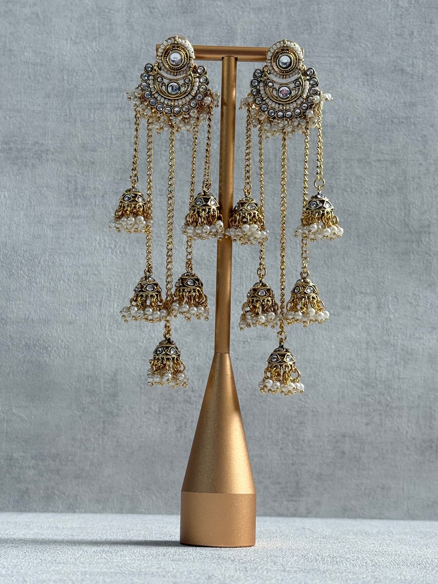 Ayura Designs Sanaya Earrings – Mirror Cut Duster Earrings with Jhumki Drops & Pearl Detailing