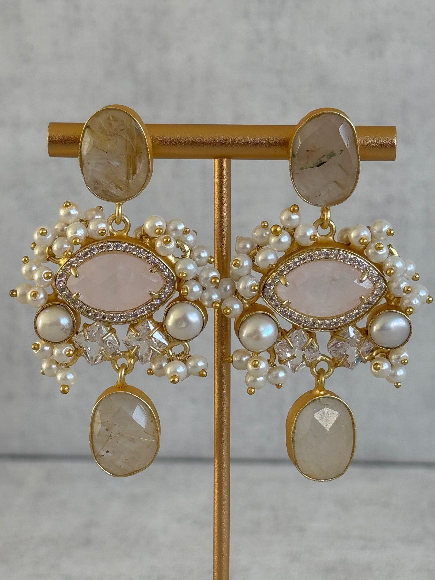 Ayura Designs Aurelia Earrings – Rutilated Quartz, Rose Quartz, Pearls & Crystals