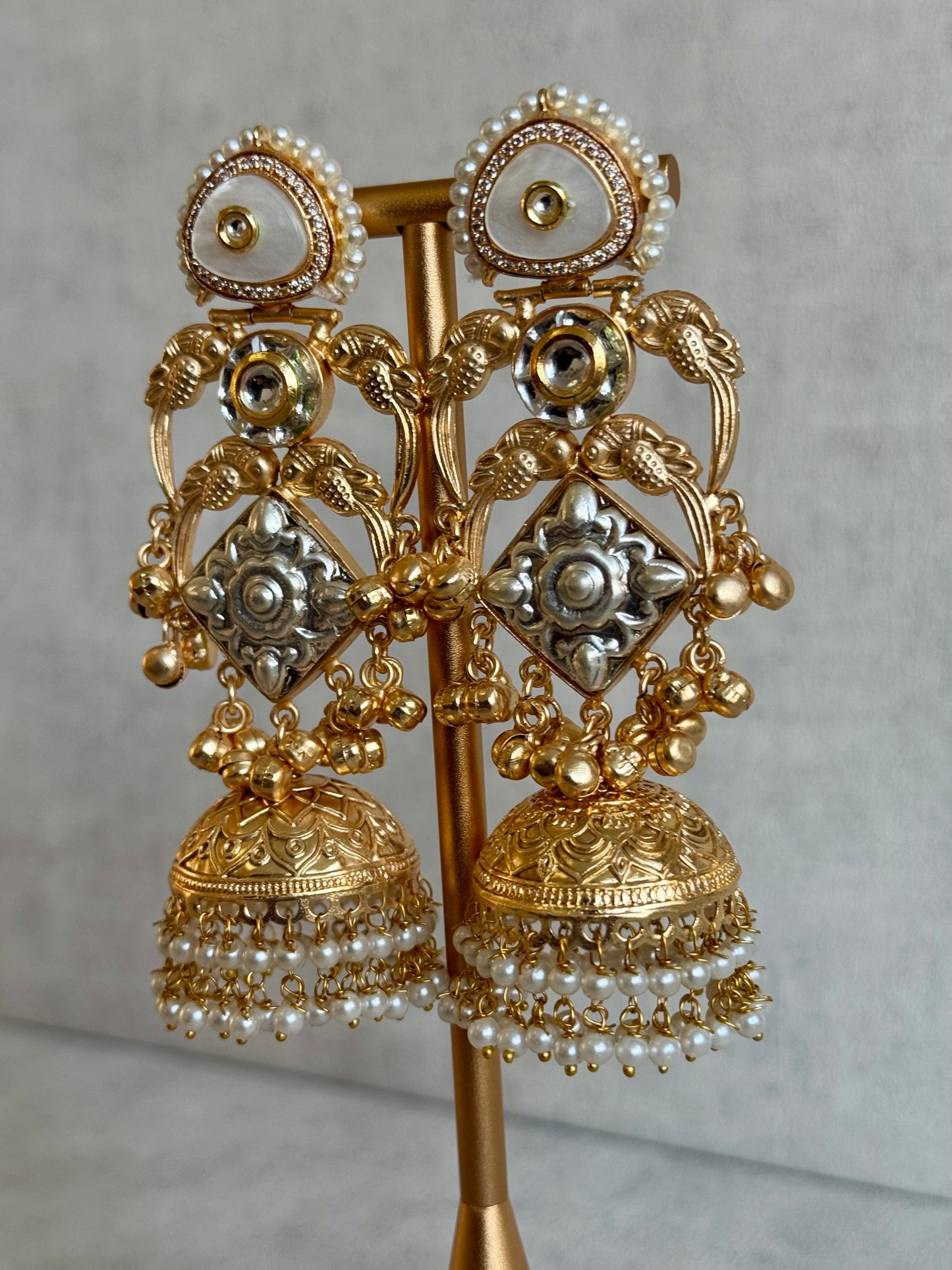 Ayura Designs Zaqsa Earrings – Dual-Tone Antique Gold & Silver Jhumkas with Bird Motifs, Kundan Accents & Pearl Drops