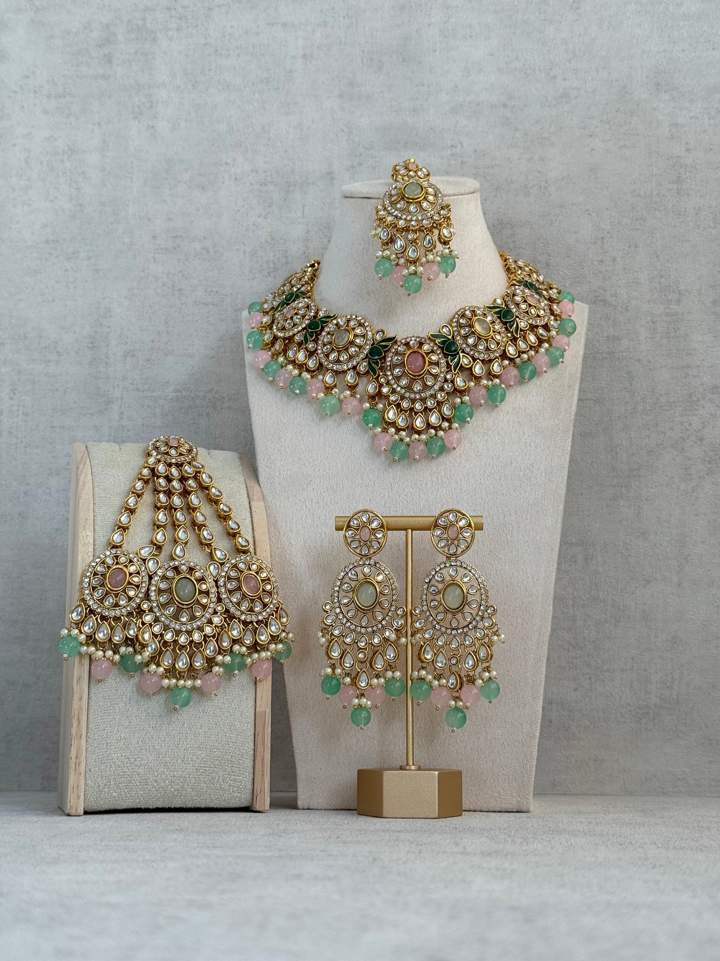 Ayura Designs Zara Set with Necklace, Earrings, Tikka & Passa – Antique Gold with Kundan Detailing & Mint Green & Blush Pink Beads