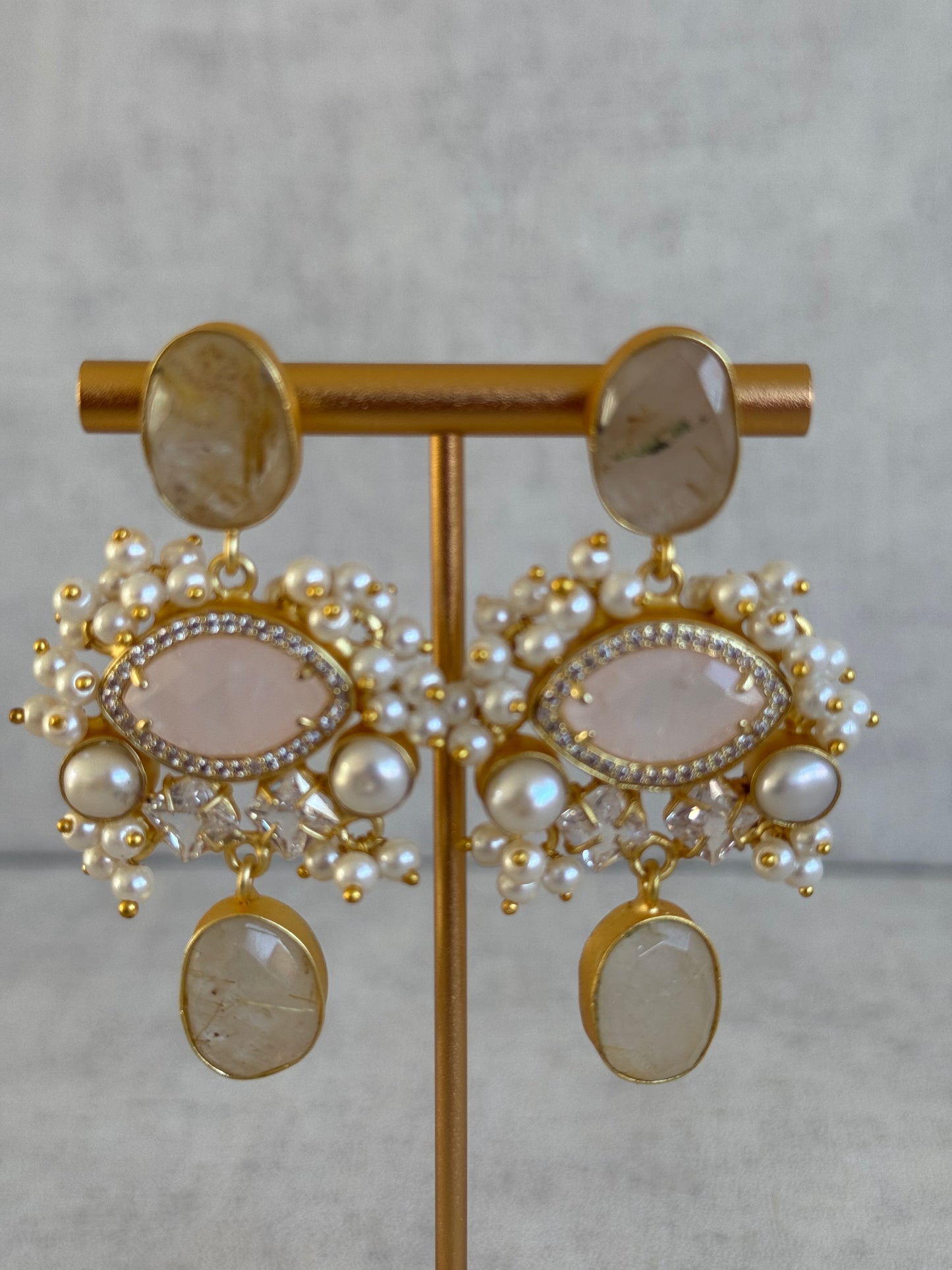 Ayura Designs Aurelia Earrings – Rutilated Quartz, Rose Quartz, Pearls & Crystals