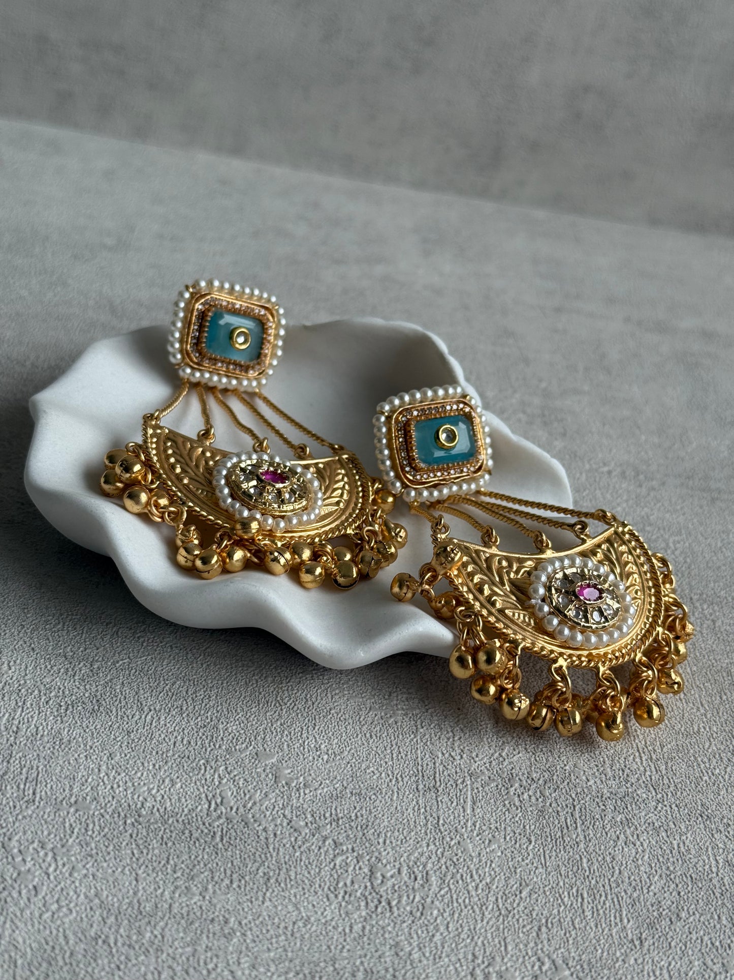 Ayura Designs Jheel Earrings – Turquoise Half-Moon Drops with Pearl Edging & Golden Ghungroos