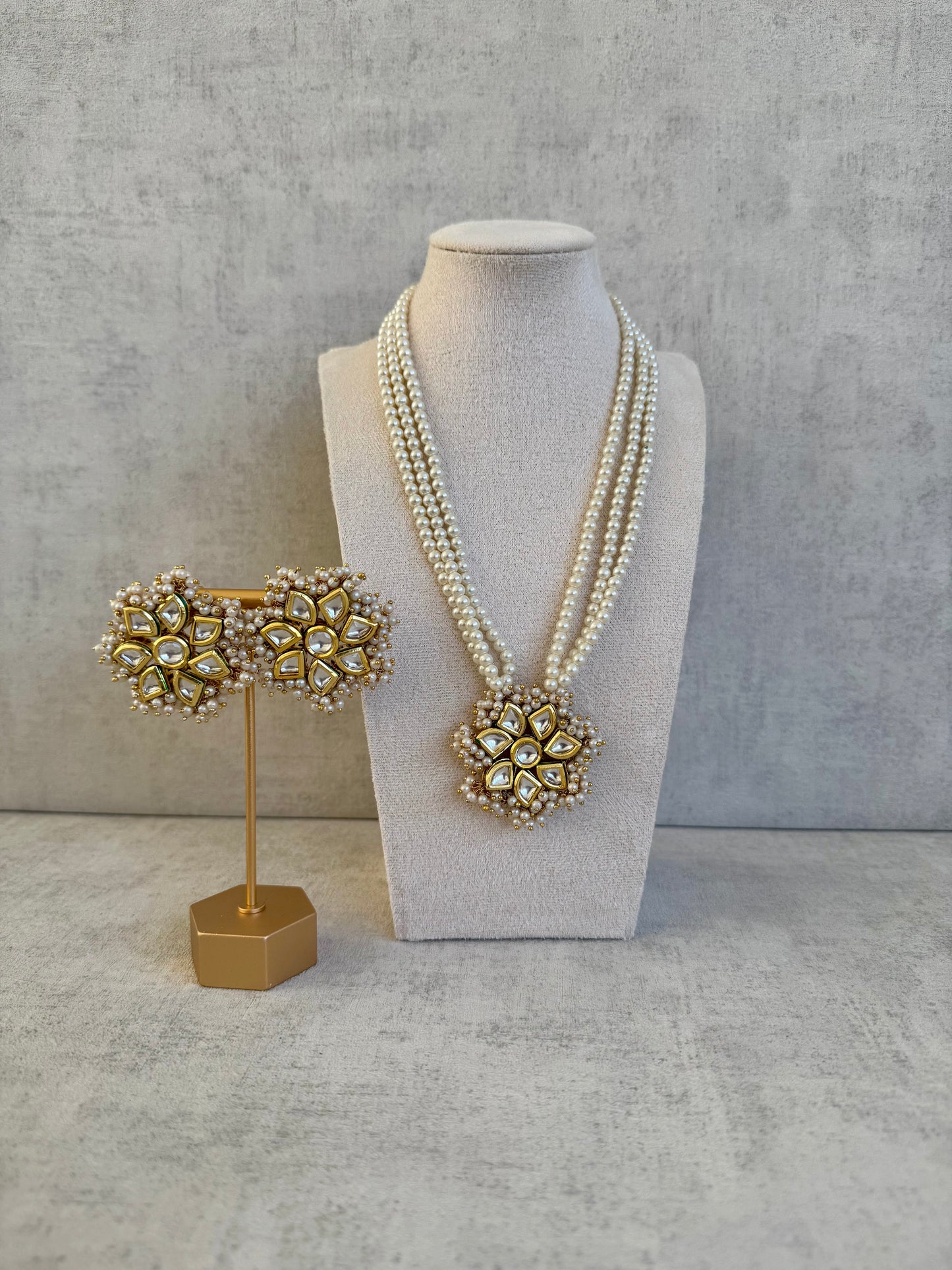 Ayura Designs Nayra Set – Handcrafted Pearl Necklace & Studs with Kundan Floral Motifs