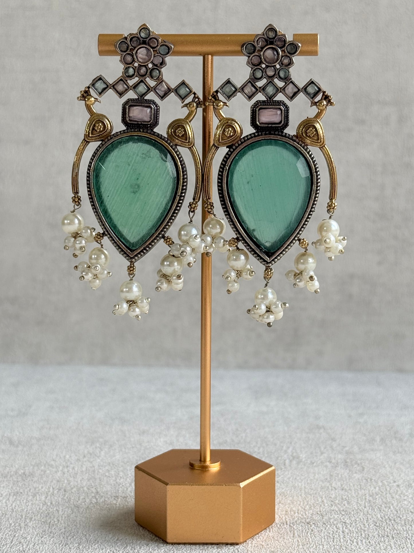 Ayura Designs Kafila Earrings – Dual Tone Oxidised Earrings with Peacock Motifs, Mint Green & Blush Pink Stones