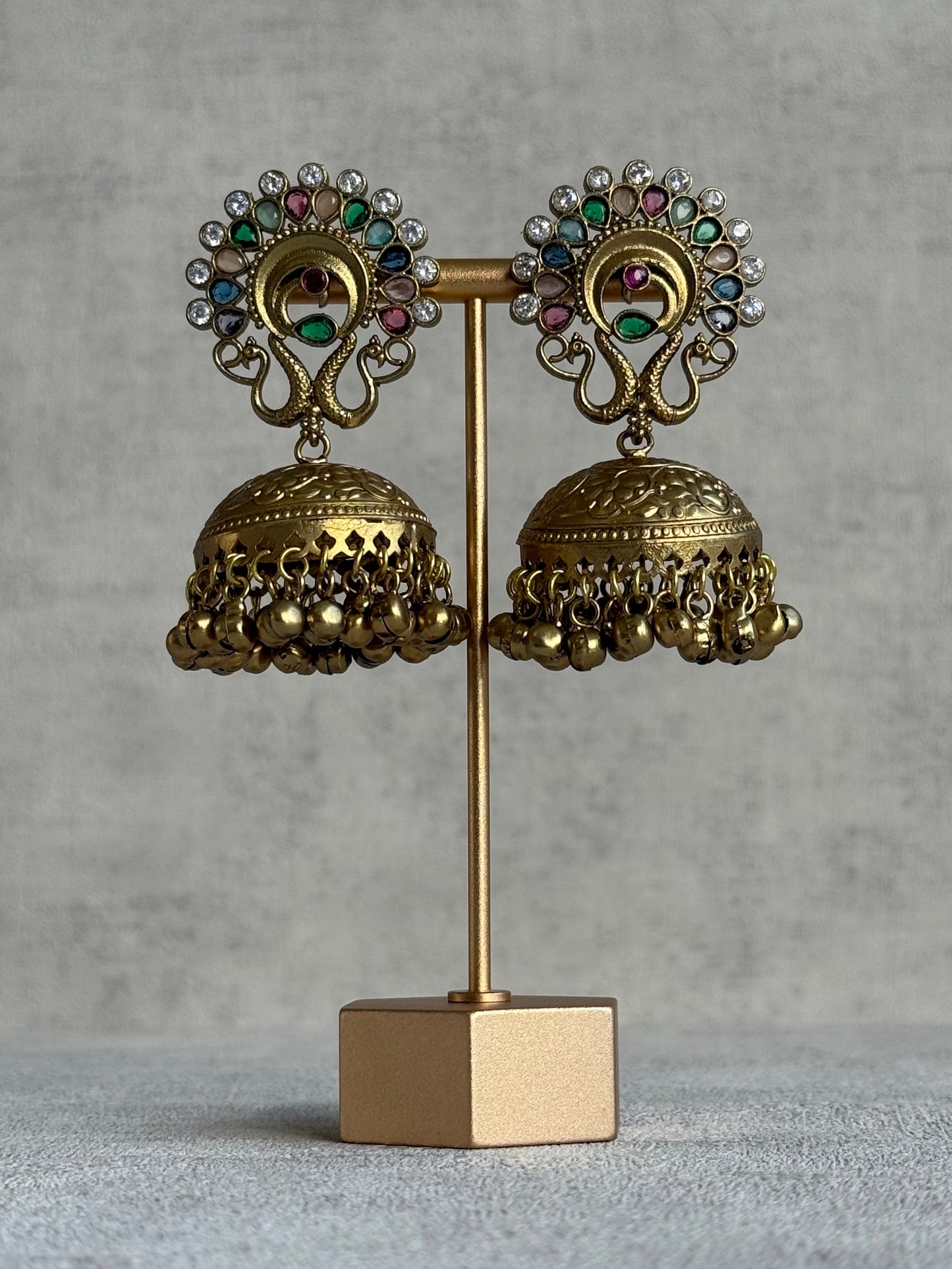 Ayura Designs Moraya Jhumkis – Multicolour Peacock Motif with Antique Gold Detailing