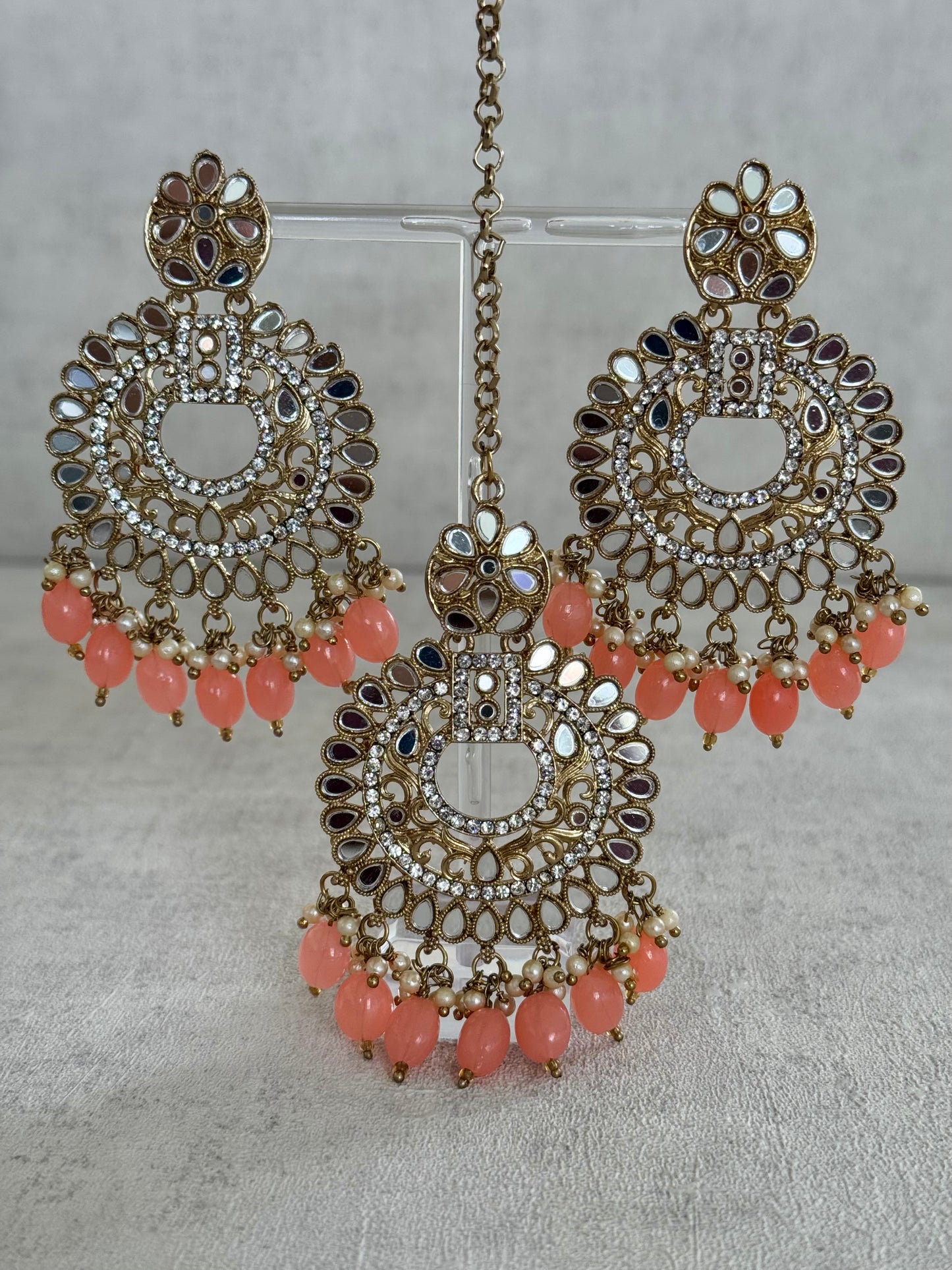 Ayura Designs Bahar Tikka Set with Earrings – Peach Beads,Mirror Work & Antique Gold