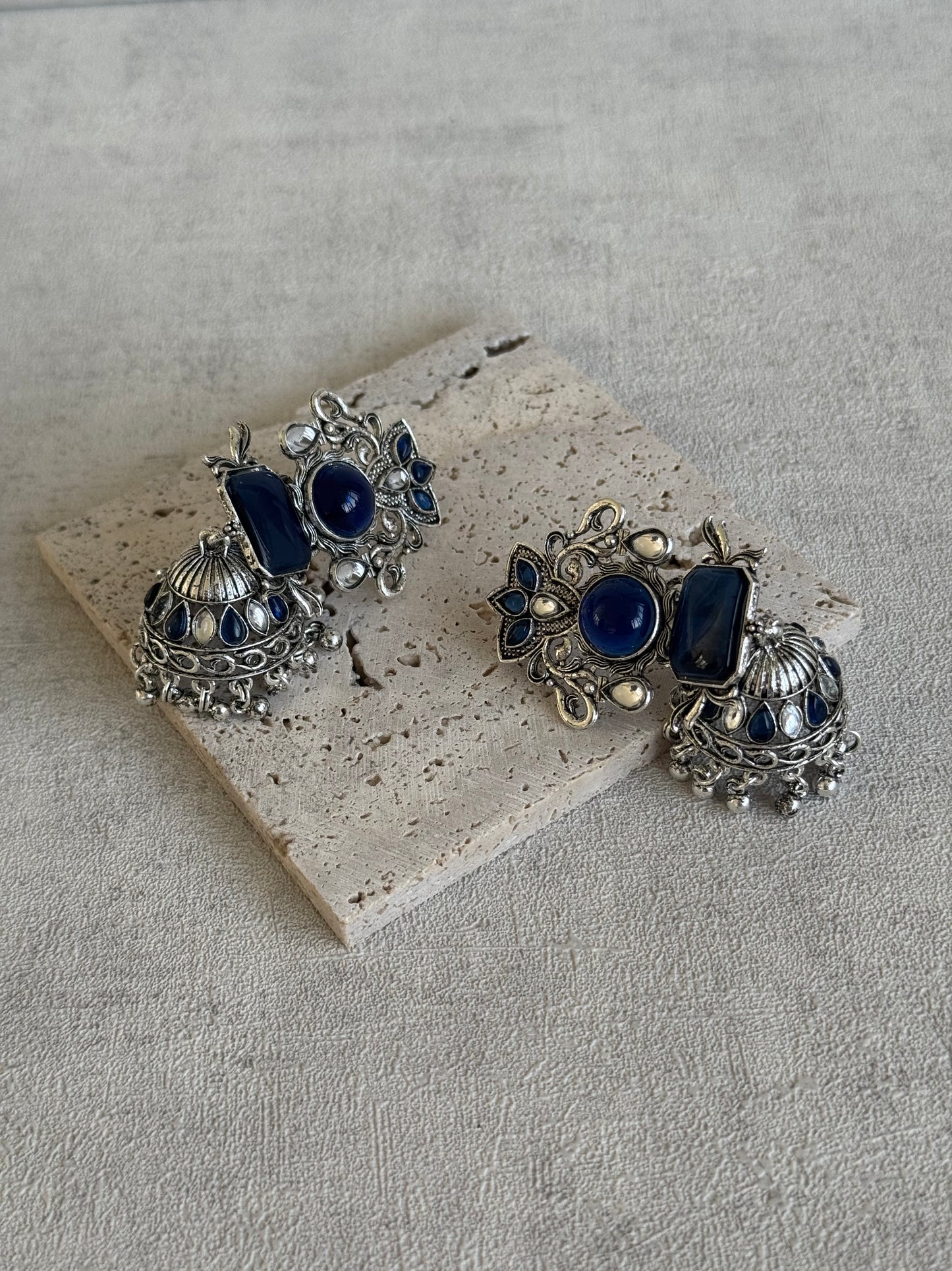 Ayura Designs Noorani Earrings – Oxidised Silver with Lajwardi Blue Stones, Kundan Detailing & Enamelled Jhumkis
