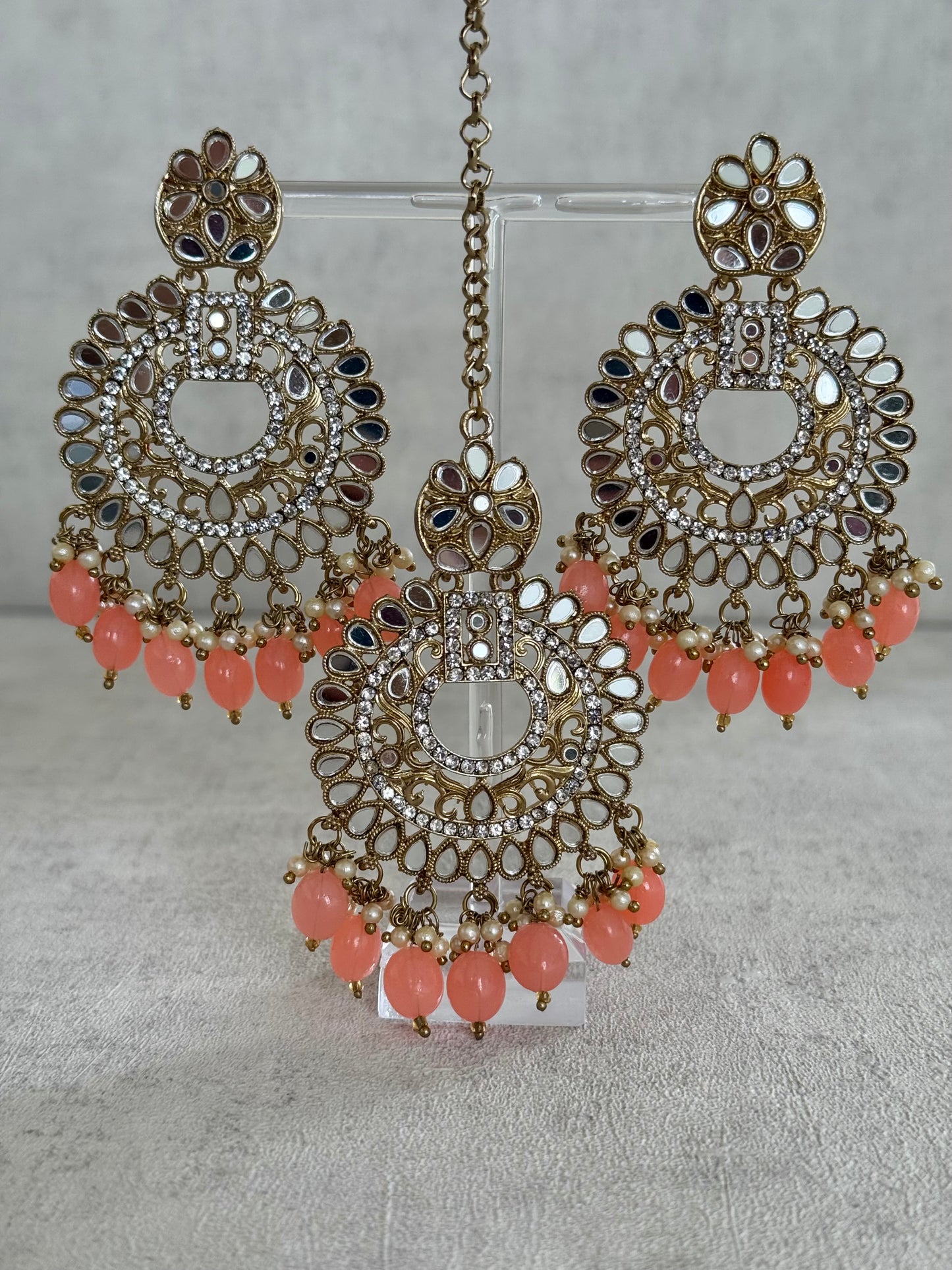 Ayura Designs Bahar Tikka Set with Earrings – Peach Beads,Mirror Work & Antique Gold