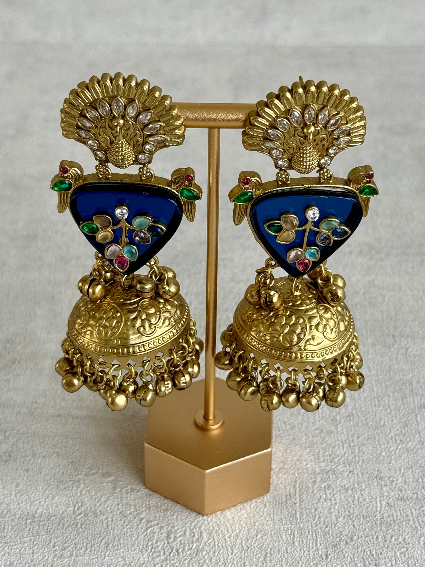 Ayura Designs Makali Earrings – Midnight Blue Enamel with Multicolour Stones & Antique Gold Jhumkis