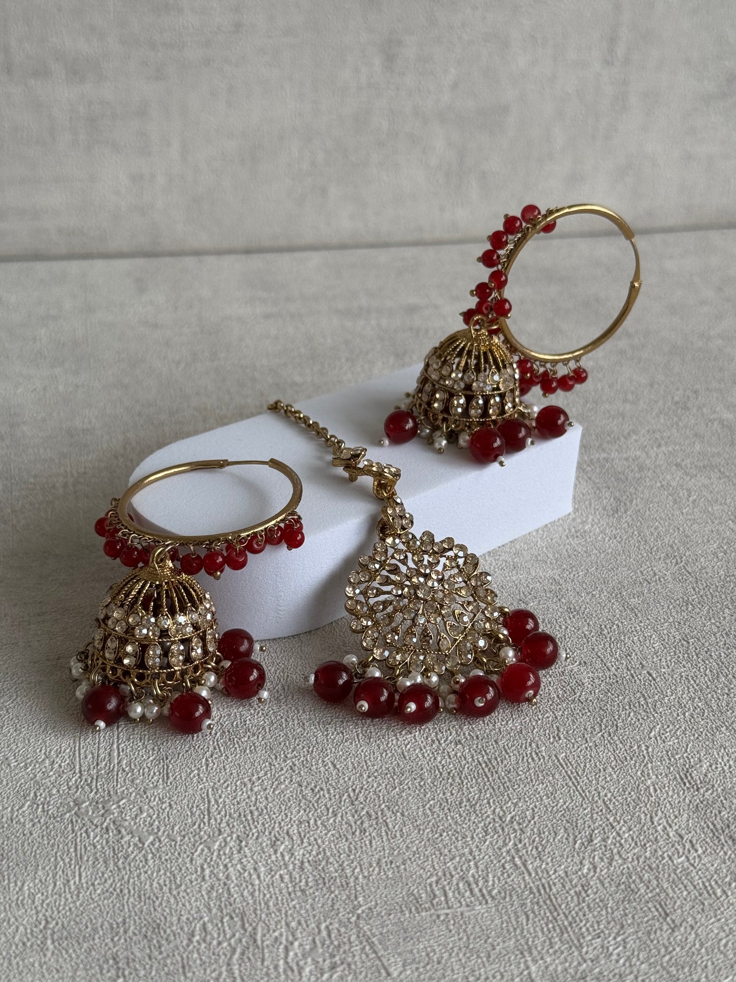 Ayura Designs Dastoor Tikka Set with Balis – Baby Pink Beads, Champagne Stones & Pearls