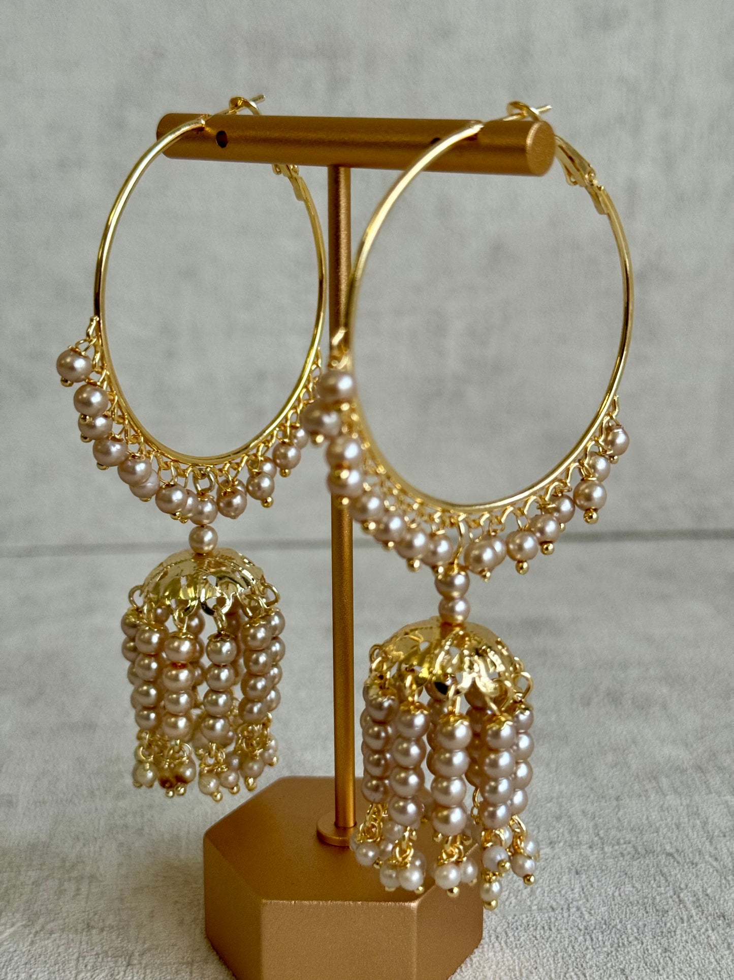 Ayura Designs Nimya Balis – Pearl Hoop Earrings with Dome Jhumki Drops